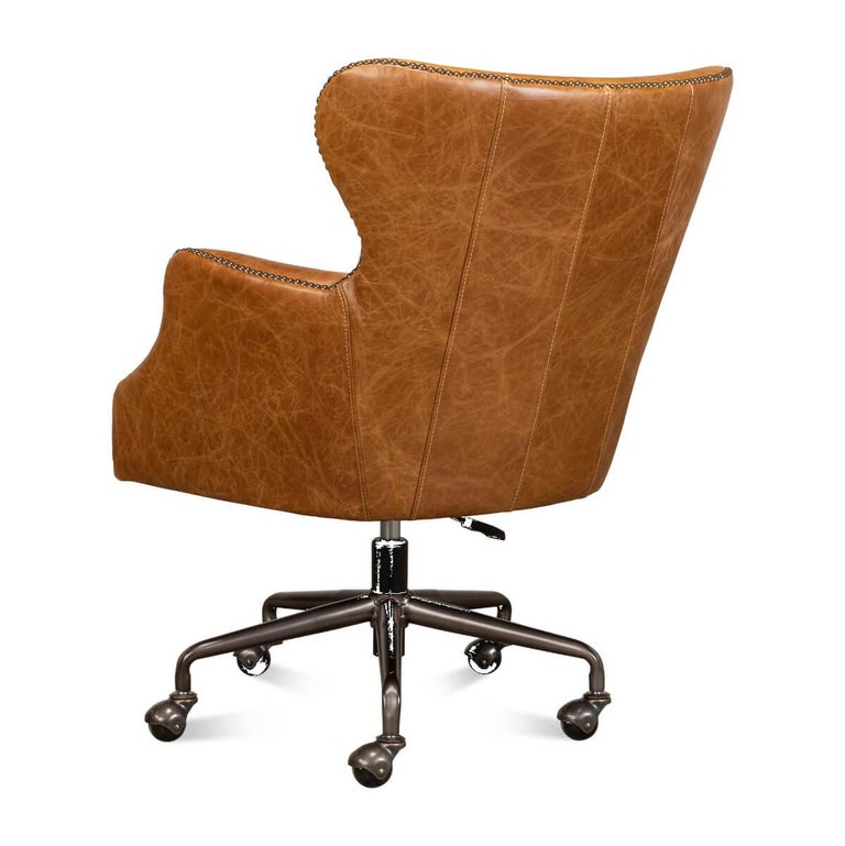 Asian Modern Tan Saddle Leather Desk Chair For Sale