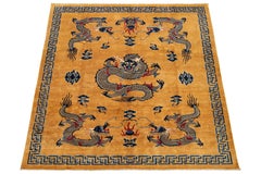 Modern Tan Wool Rug Handmade Chinese Style with a Dragon Design