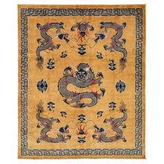 Modern Tan Wool Rug Handmade Chinese Style with a Dragon Design