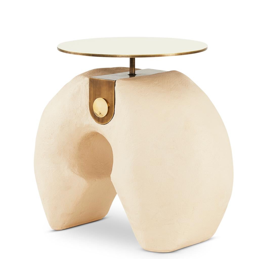 South African Modern Tan Yosemite plaster, hand finished Yoruba Side Table with Brass Top SM For Sale