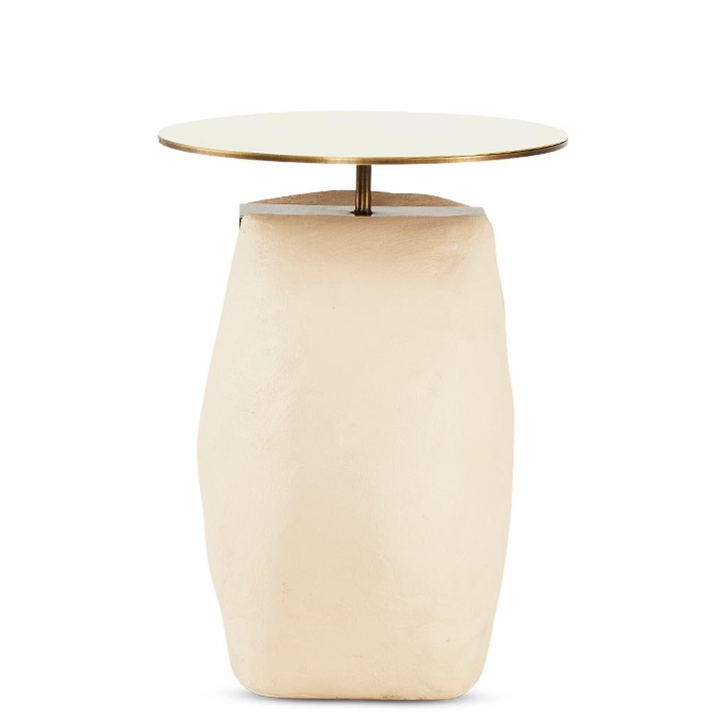 Burnished Modern Tan Yosemite plaster, hand finished Yoruba Side Table with Brass Top SM For Sale