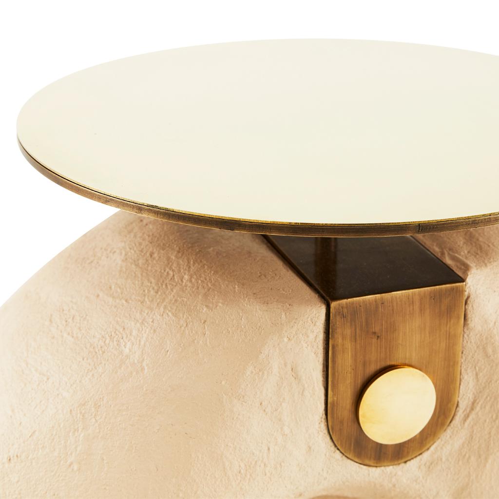 Contemporary Modern Tan Yosemite plaster, hand finished Yoruba Side Table with Brass Top SM For Sale