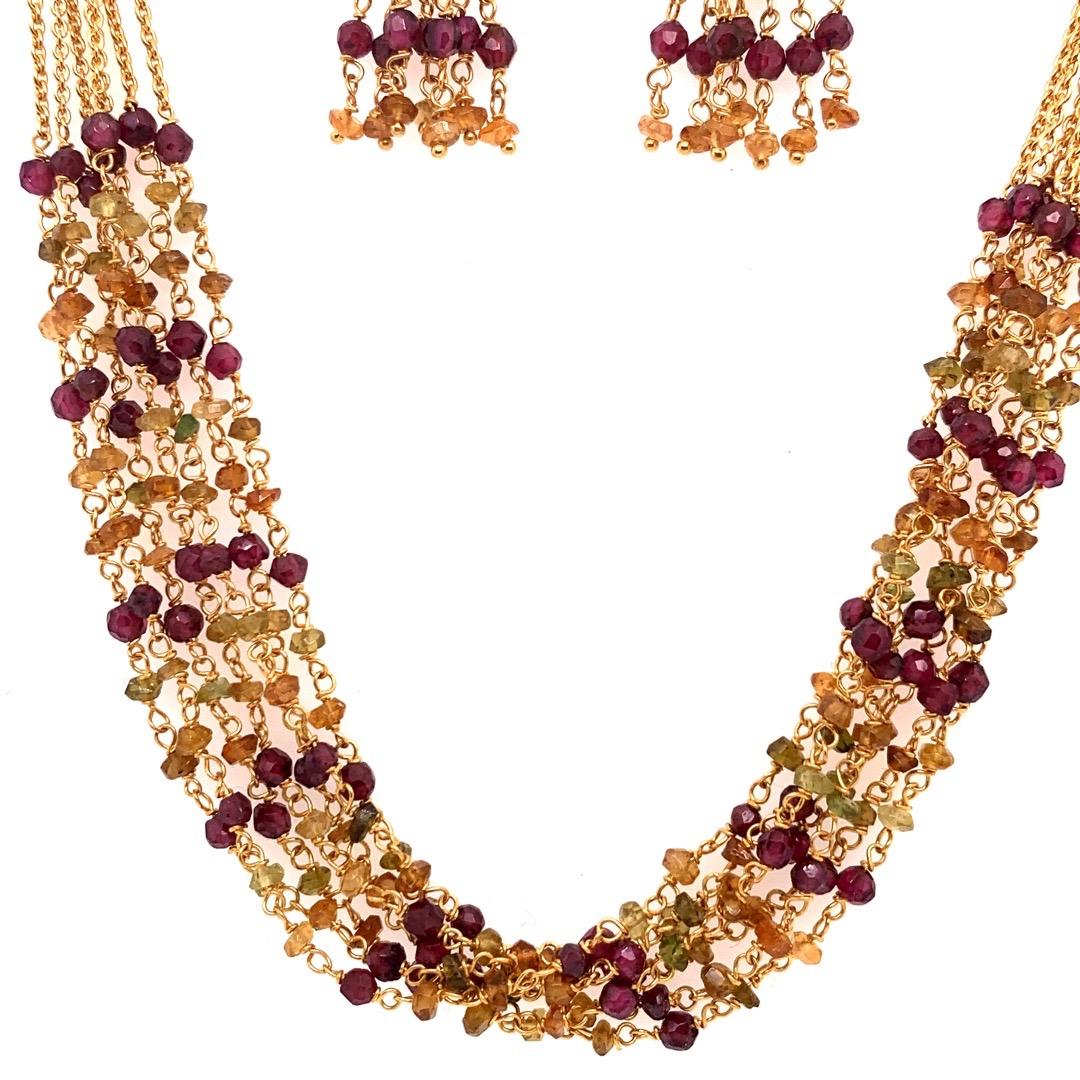 Bead Modern Tanishq 22k Gold 31.31 Gram Necklace Earring Set Natural Colored Garnet For Sale