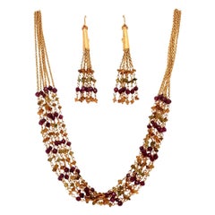 Modern Tanishq 22k Gold 31.31 Gram Necklace Earring Set Natural Colored Garnet