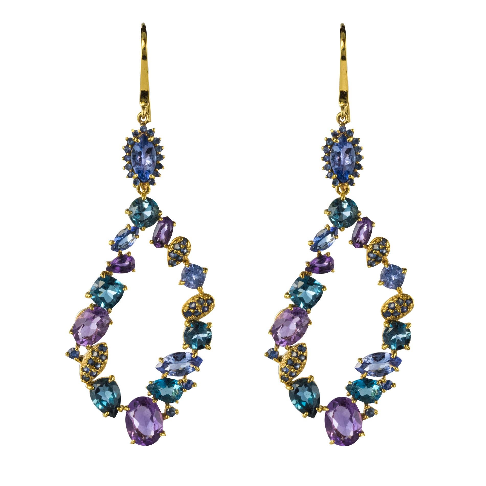 Modern Tanzanite Amethyst Sapphire Topaz Silver Dangle Earrings