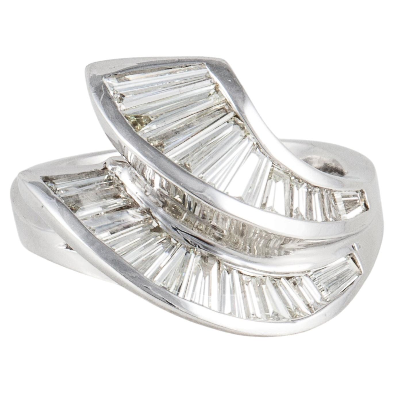 Modern Tapered Baguette Diamond 18K White Gold Ring For Sale