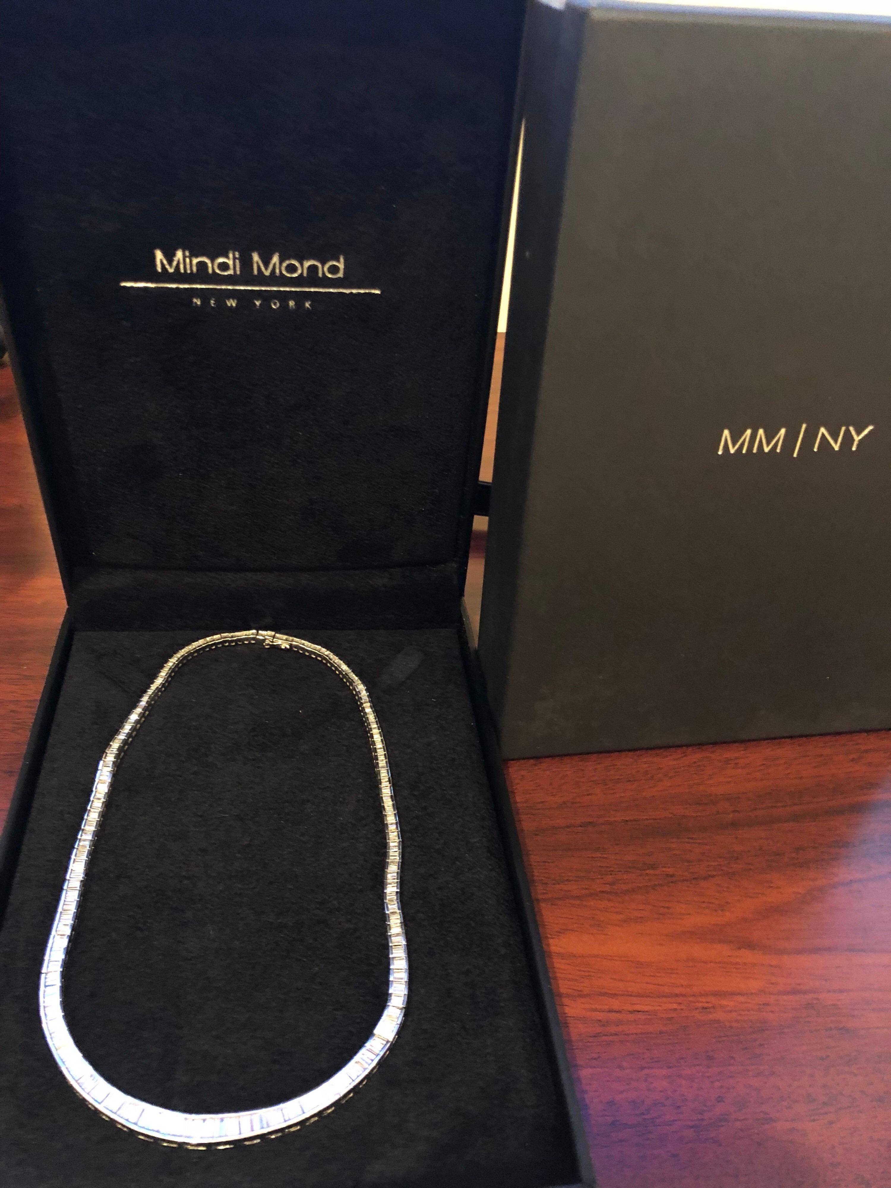 Modern Very Fine Platinum 17 Carat Tapered Baguette Diamond Riviere Necklace