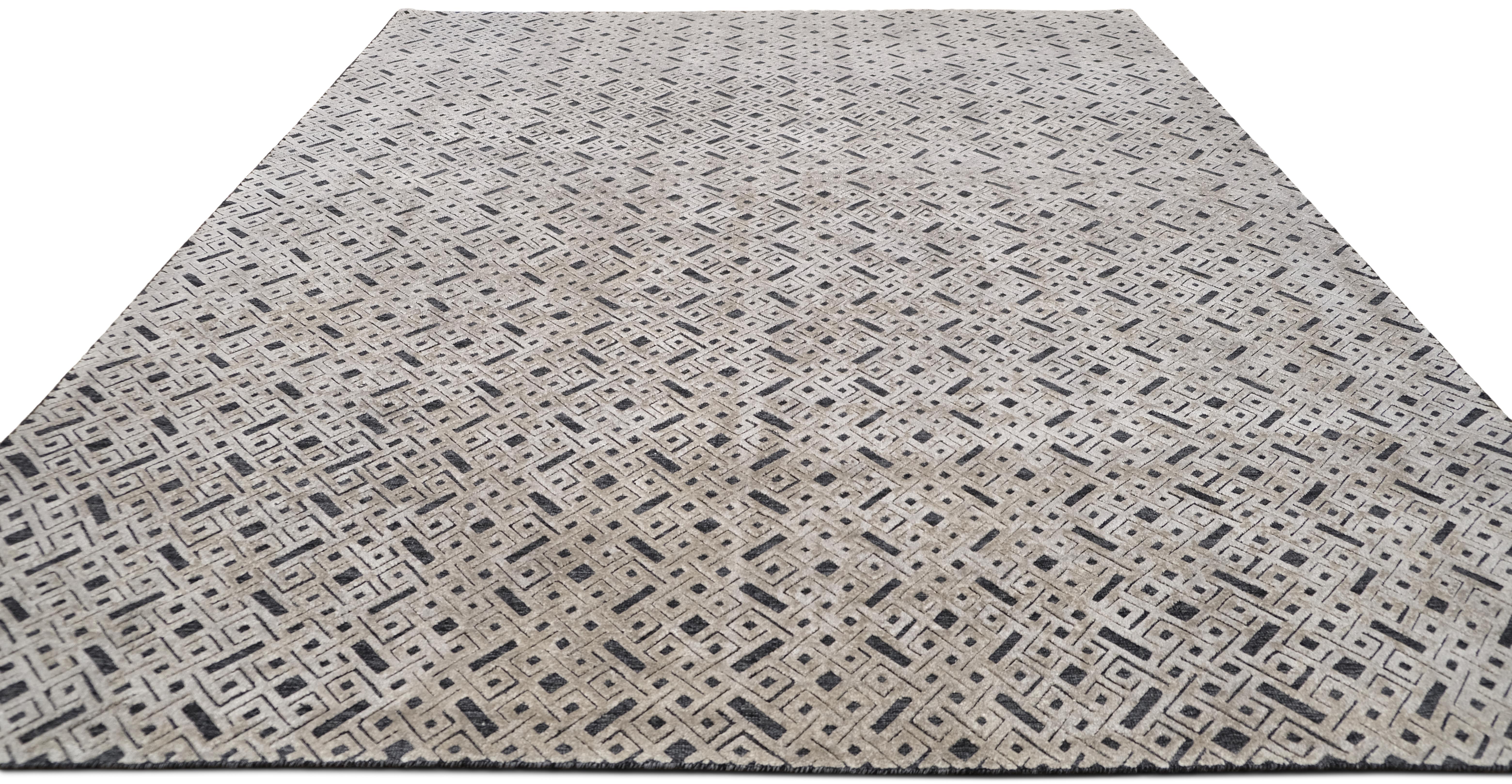 Asiatico Tappeto moderno in lana e seta a reticolo geometrico Taupe 9'1''x12' in vendita