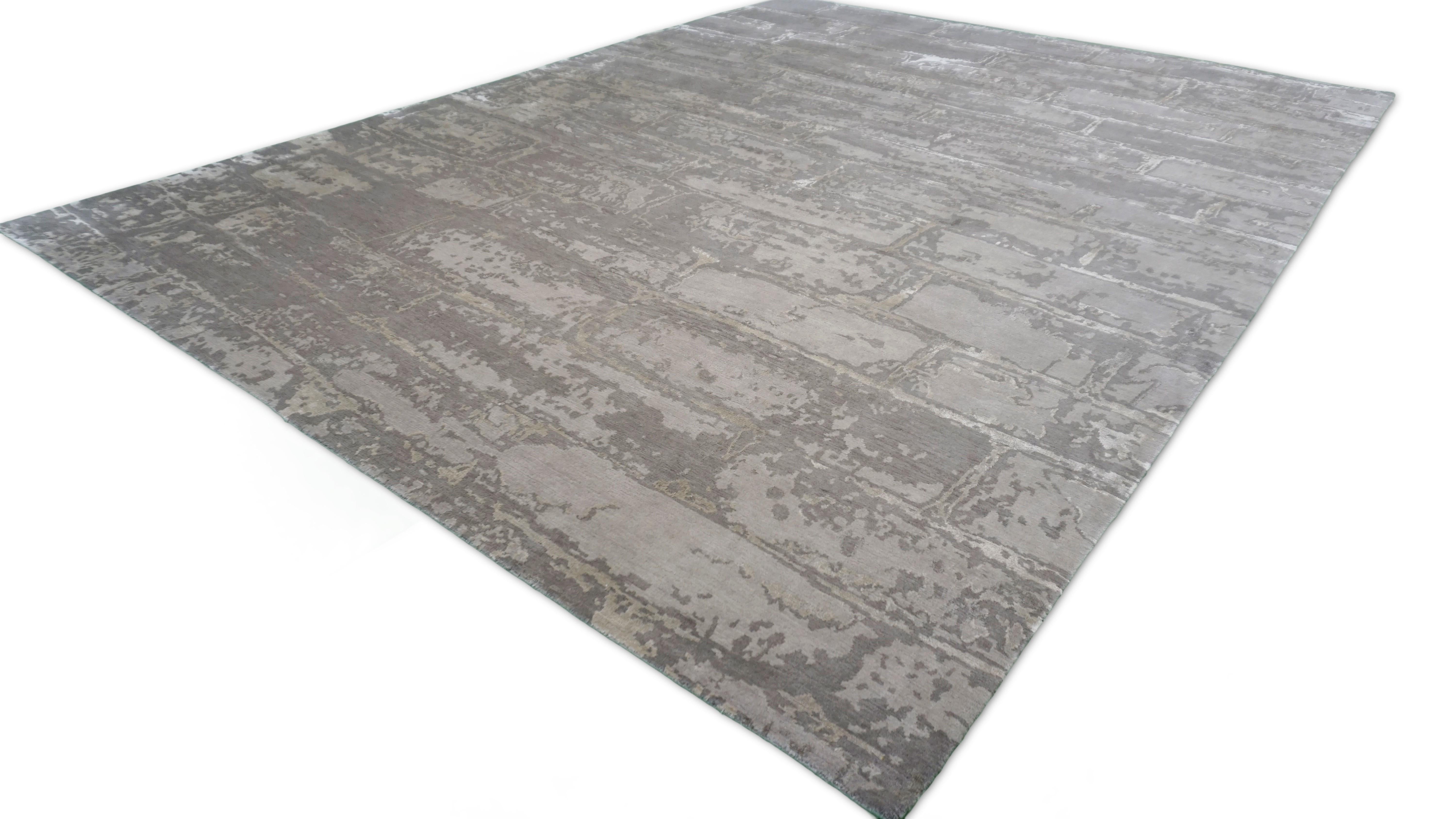 Industrial Modern Taupe Gray Brick Motif Wool and Silk Rug 8'11''x11'10'' For Sale