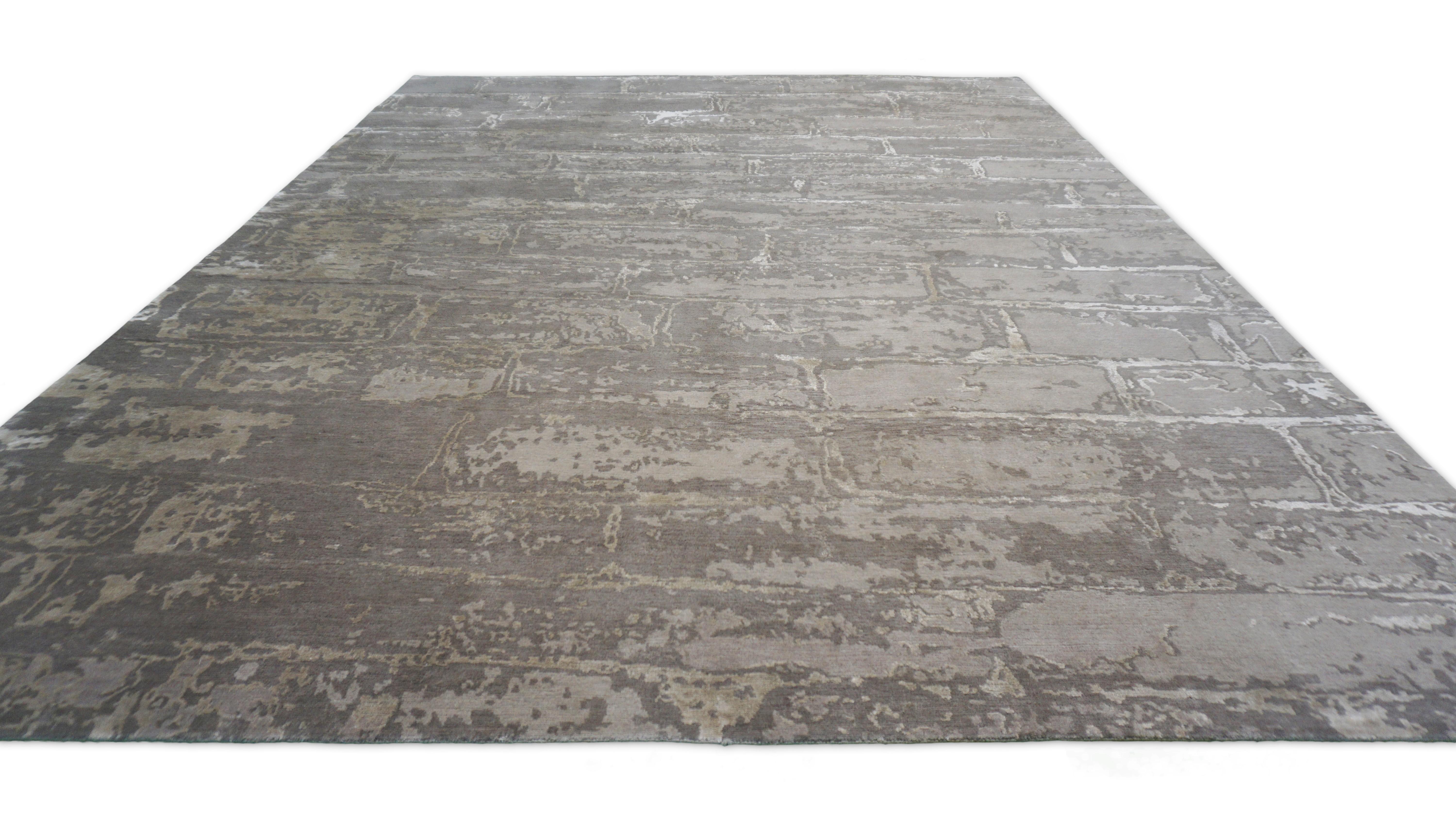 Hand-Knotted Modern Taupe Gray Brick Motif Wool and Silk Rug 8'11''x11'10'' For Sale