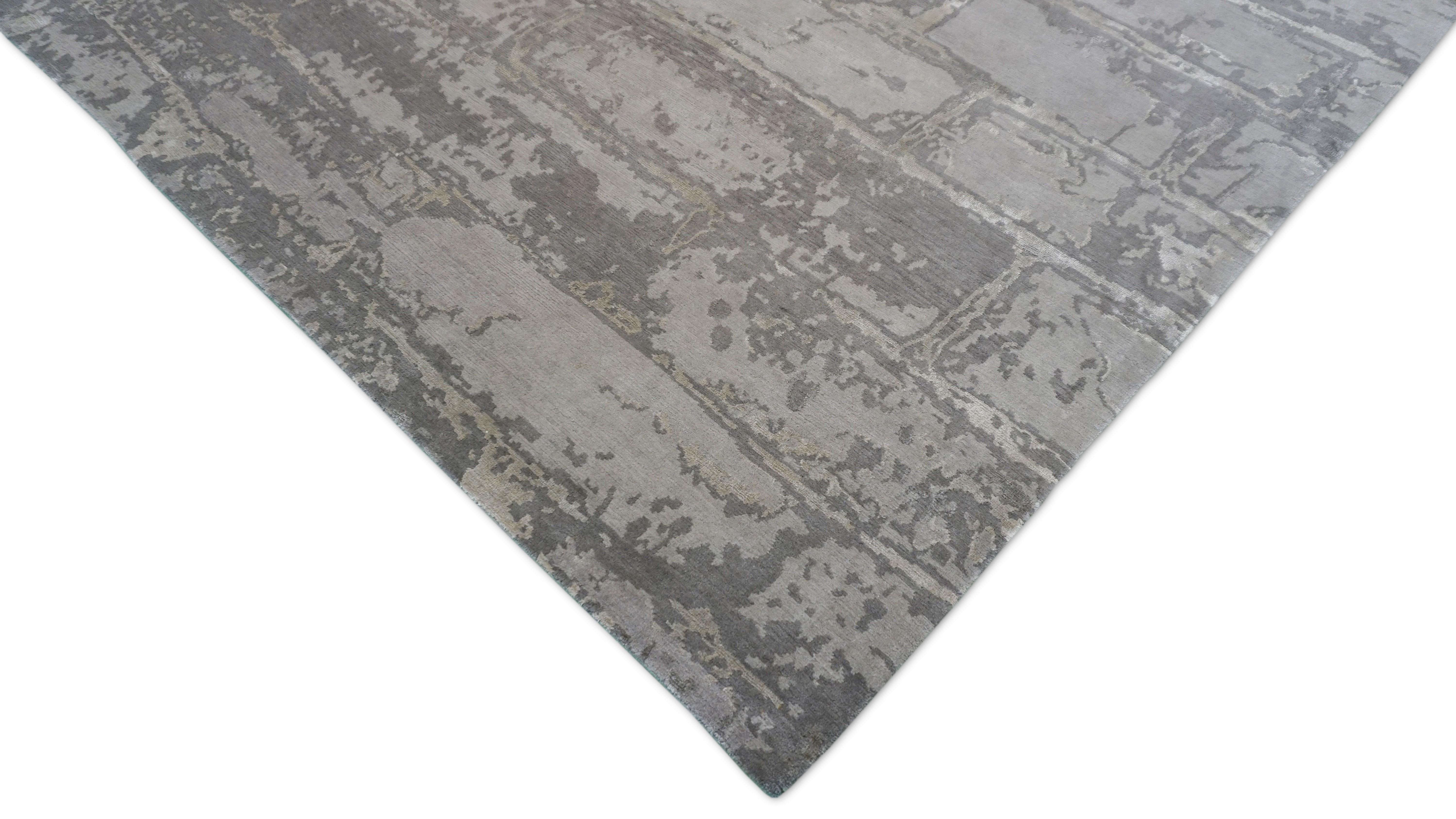 Contemporary Modern Taupe Gray Brick Motif Wool and Silk Rug 8'11''x11'10'' For Sale