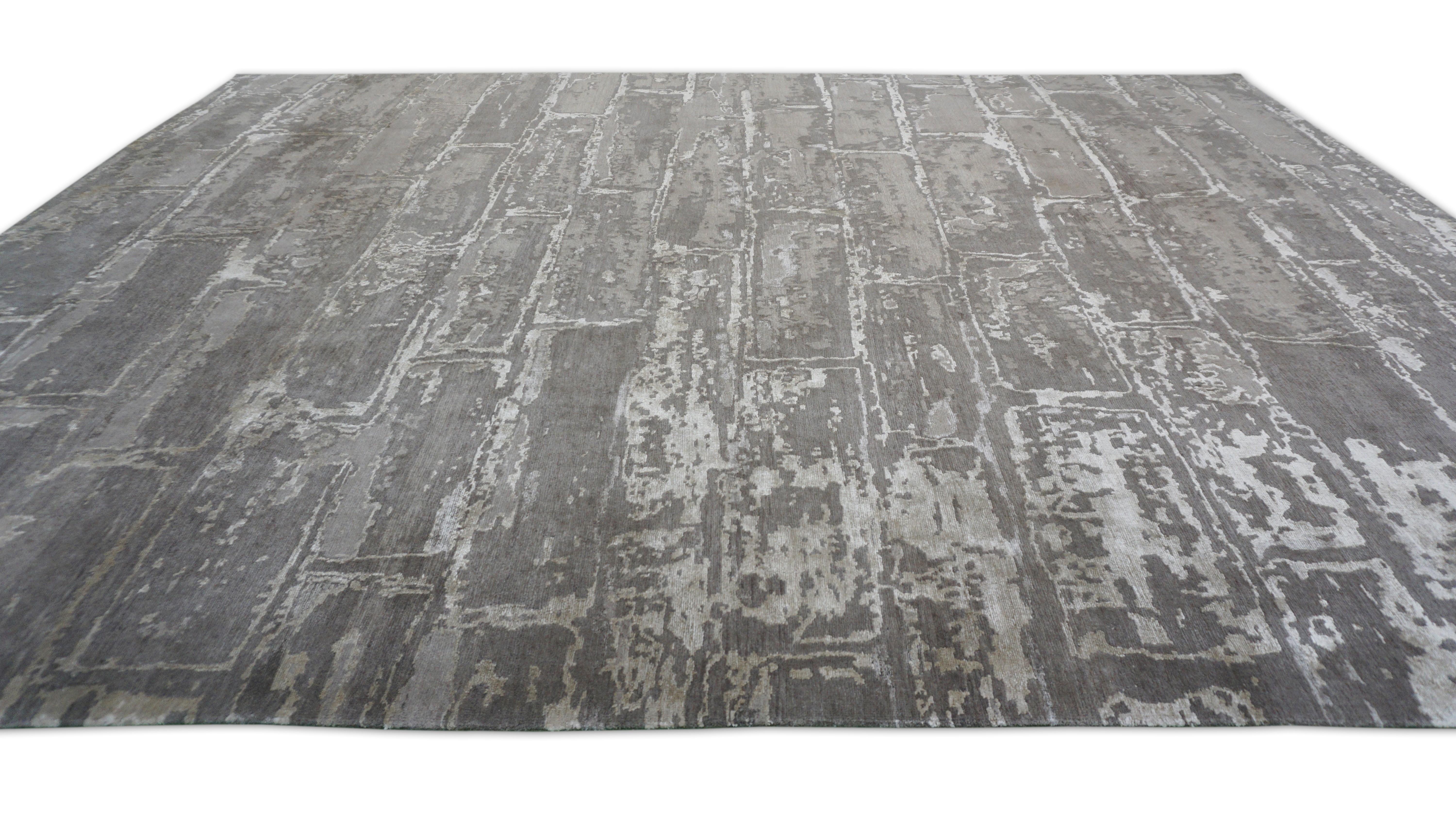 Modern Taupe Gray Brick Motif Wool and Silk Rug 8'11''x11'10'' For Sale 1