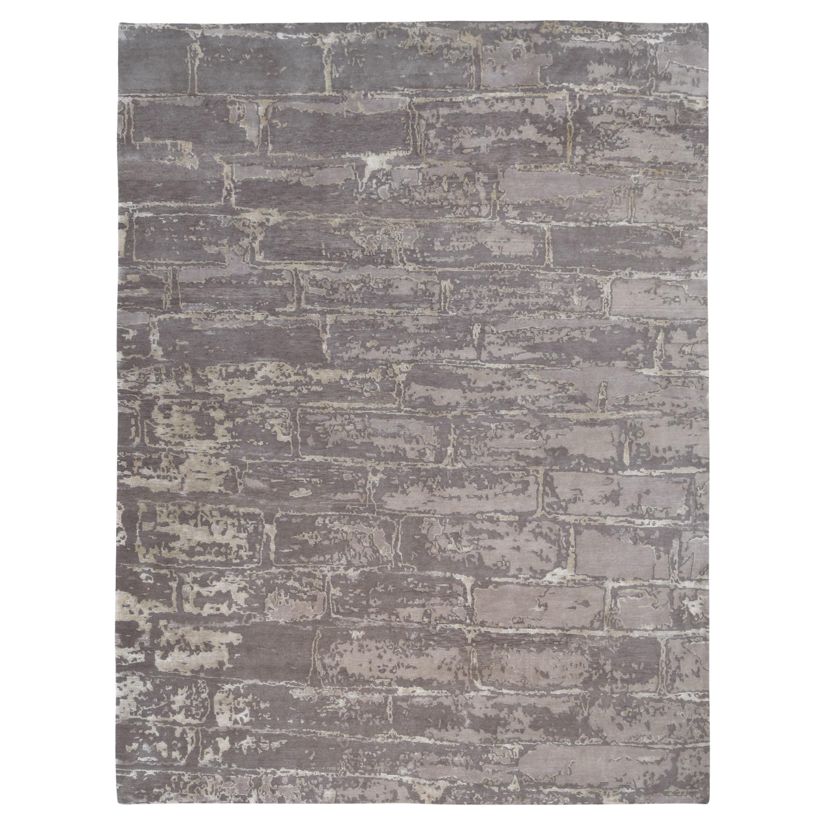 Modern Taupe Gray Brick Motif Wool and Silk Rug 8'11''x11'10''