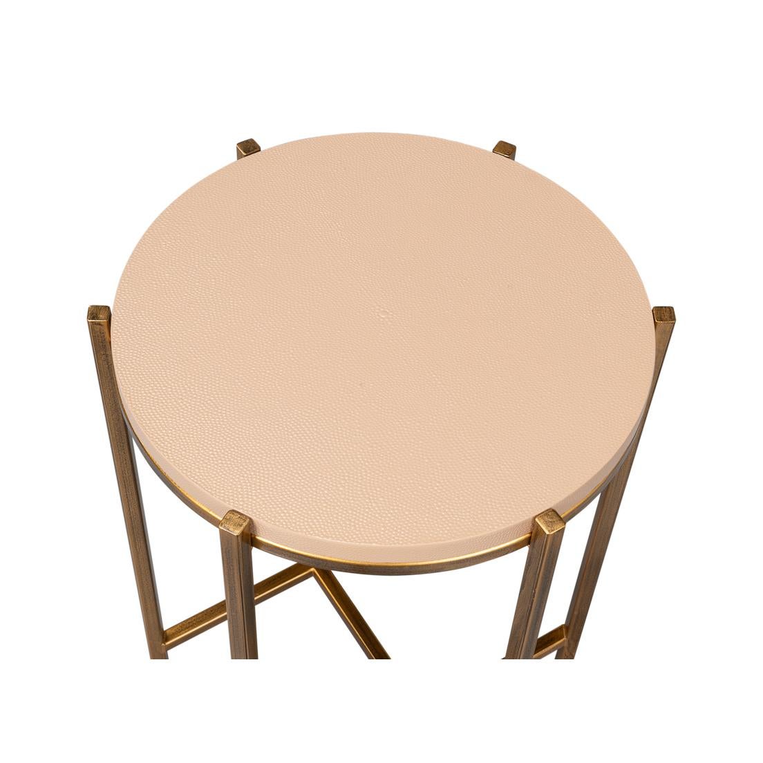 Asian Modern Taupe Leather Top Accent Table For Sale