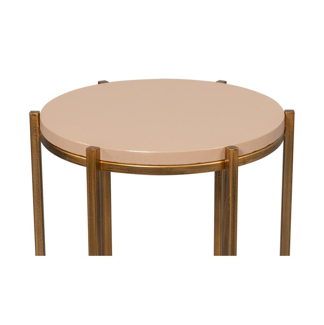 Contemporary Modern Taupe Leather Top Accent Table For Sale