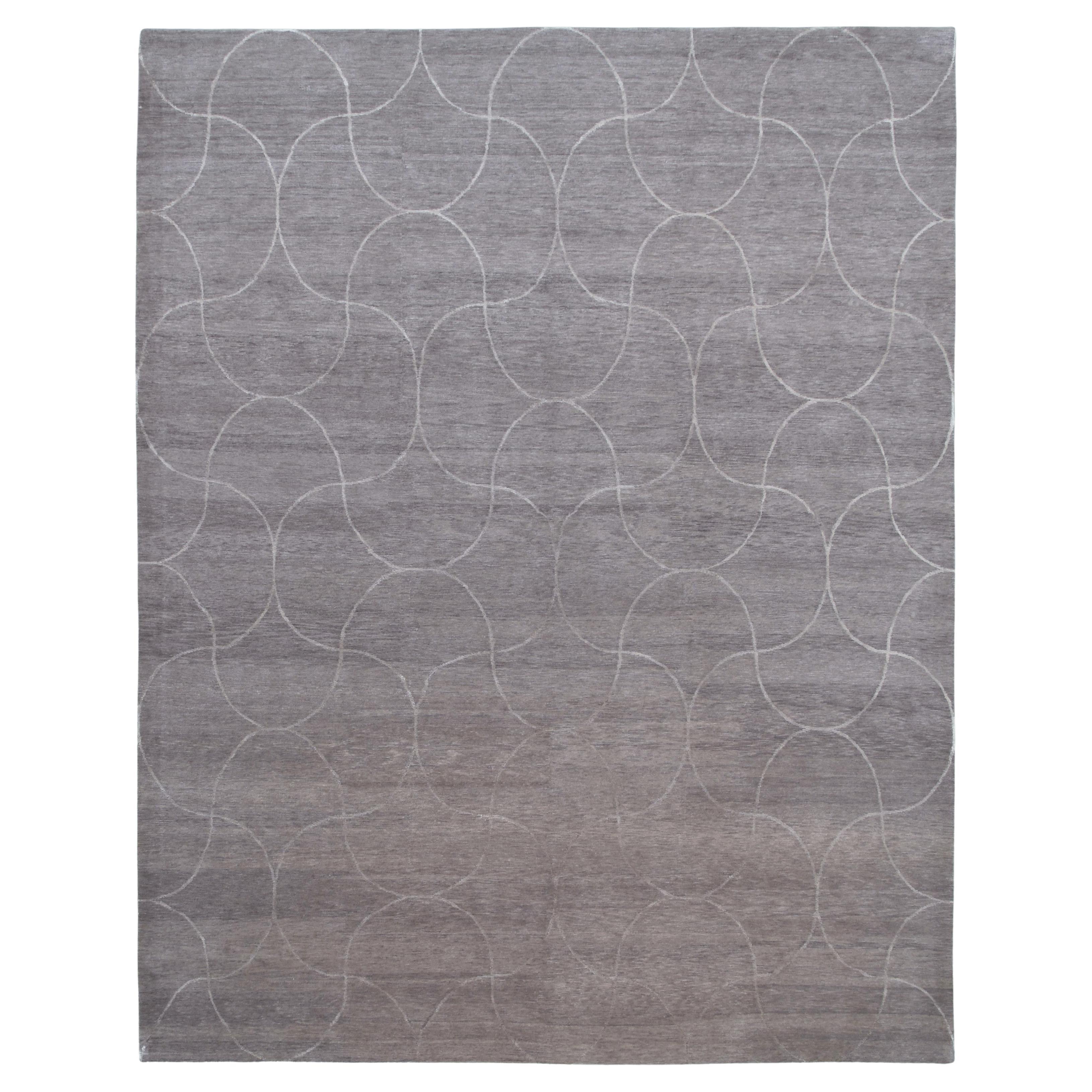 Modern Taupe Overlapping Circle Patterned Wool and Silk Rug 9'1''x11'5'' For Sale