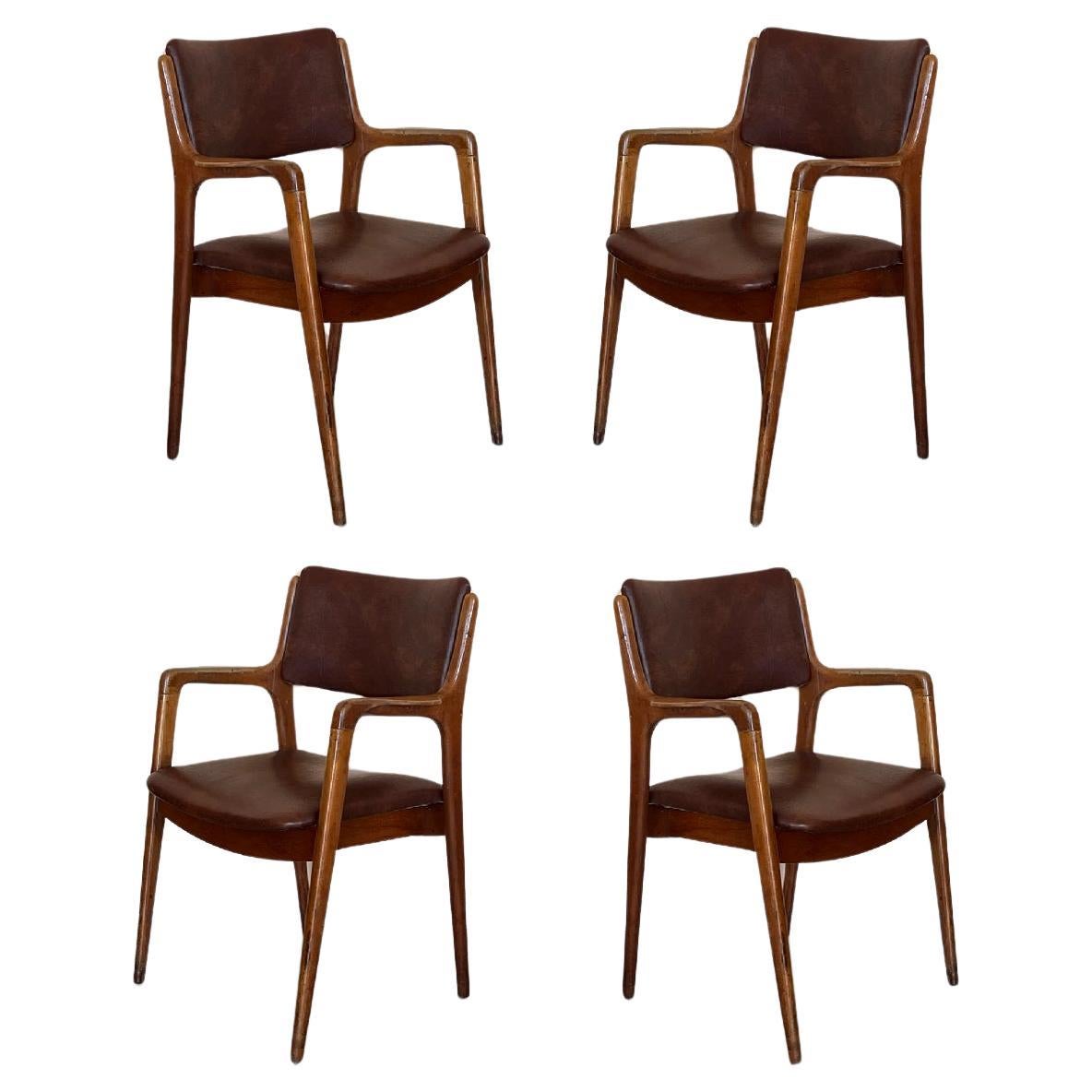 Modern Teak and Brown leather armchairs in Erik Buch Style For Sale