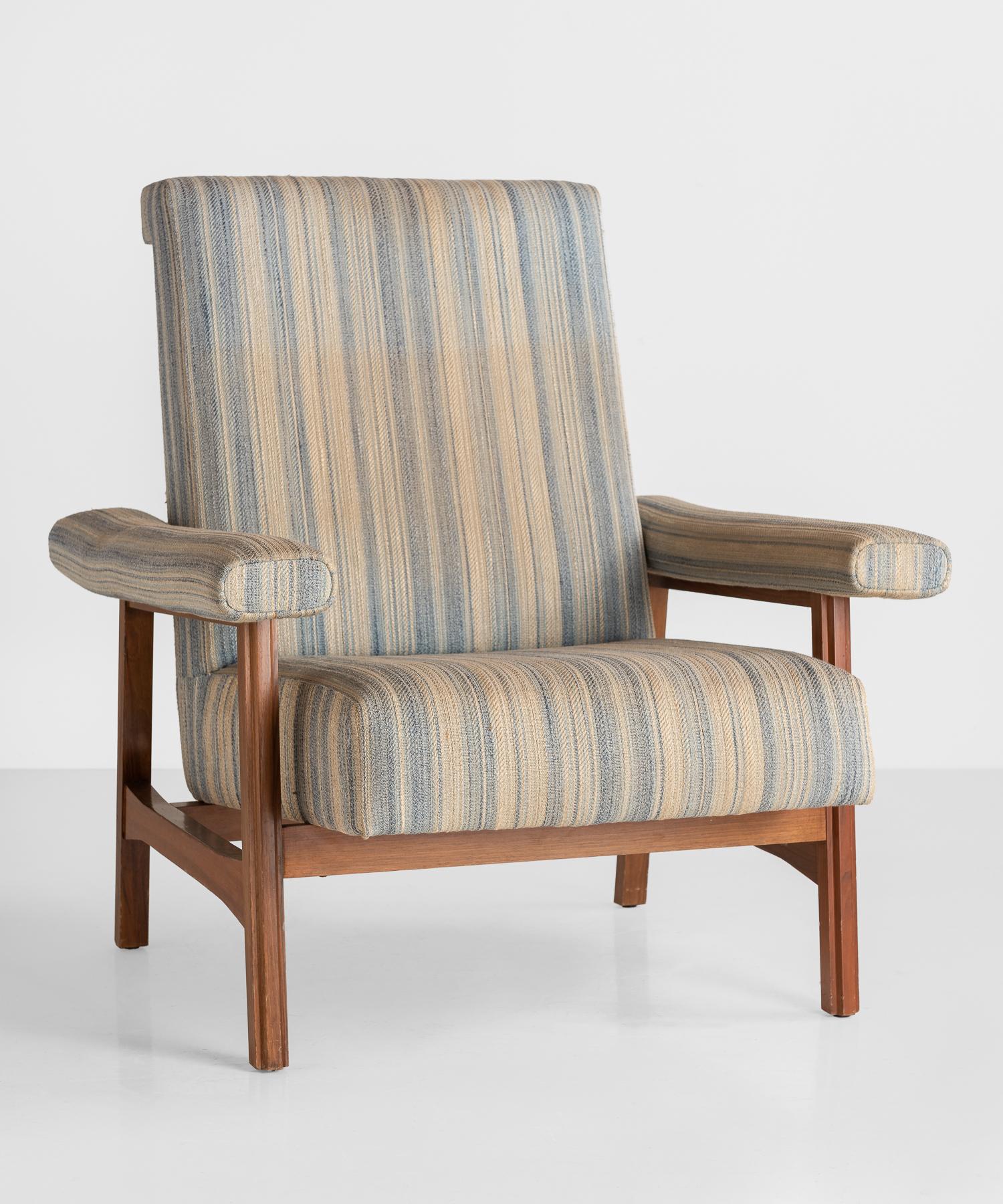 Modern teak armchair, Italy, circa 1960.

Original striped upholstery on teak base.