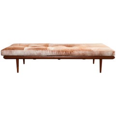 Modern Teak Bench with Tapered Legs, Upholstered in a Quilted Horse Hide Cushion