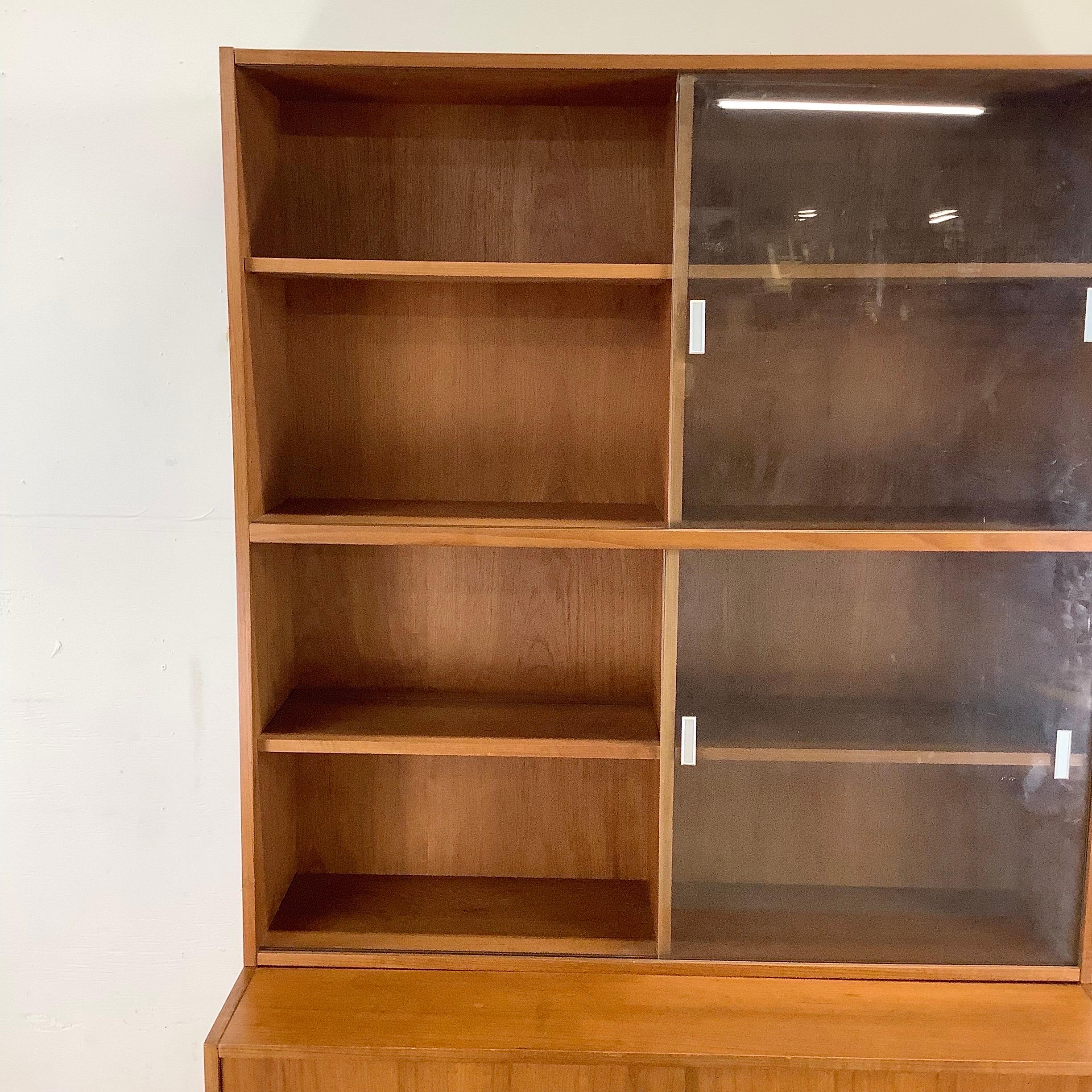 Scandinavian Modern Modern Teak Bookcase With Cabinet and Glass Sliding Doors For Sale