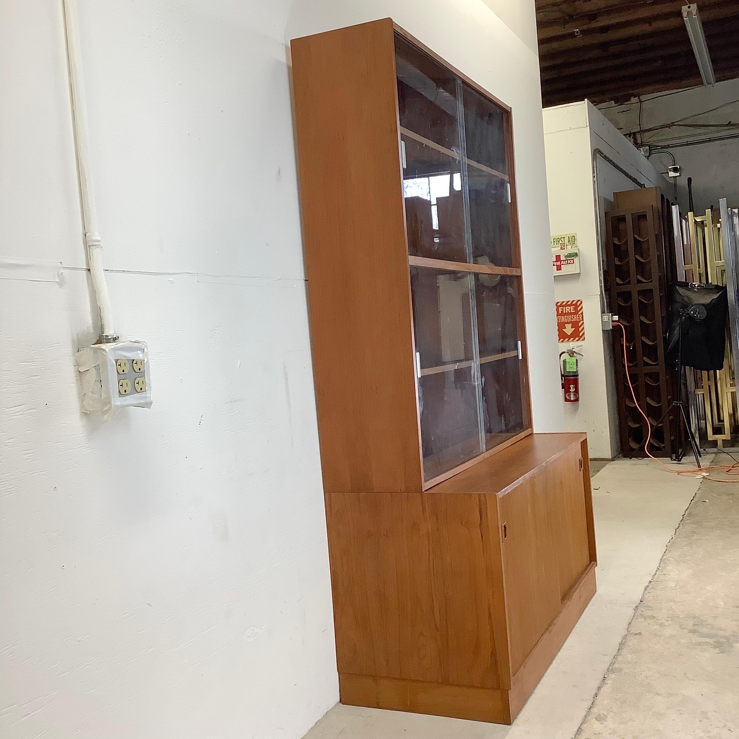 Unknown Modern Teak Bookcase With Cabinet and Glass Sliding Doors For Sale