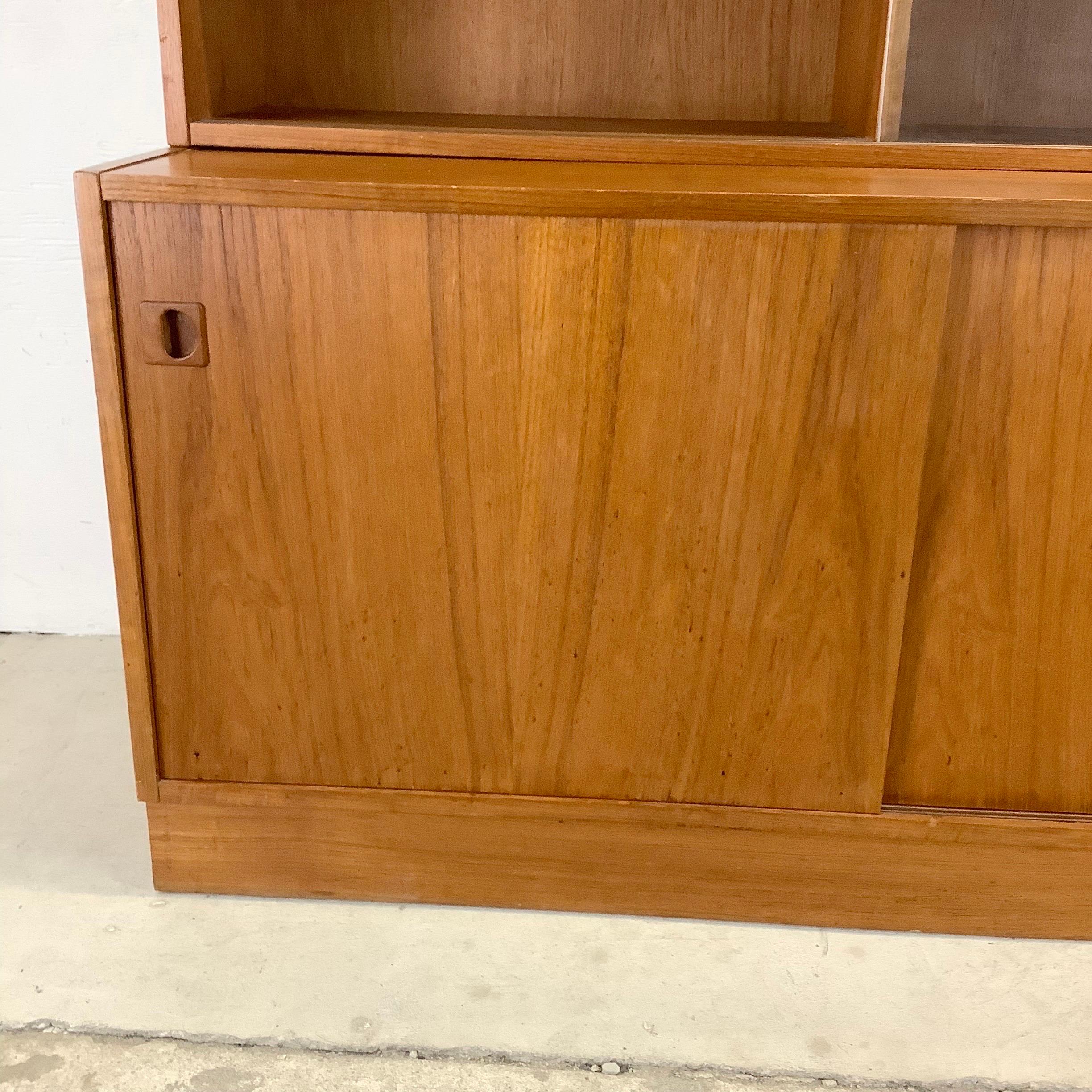 Modern Teak Bookcase With Cabinet and Glass Sliding Doors For Sale 1