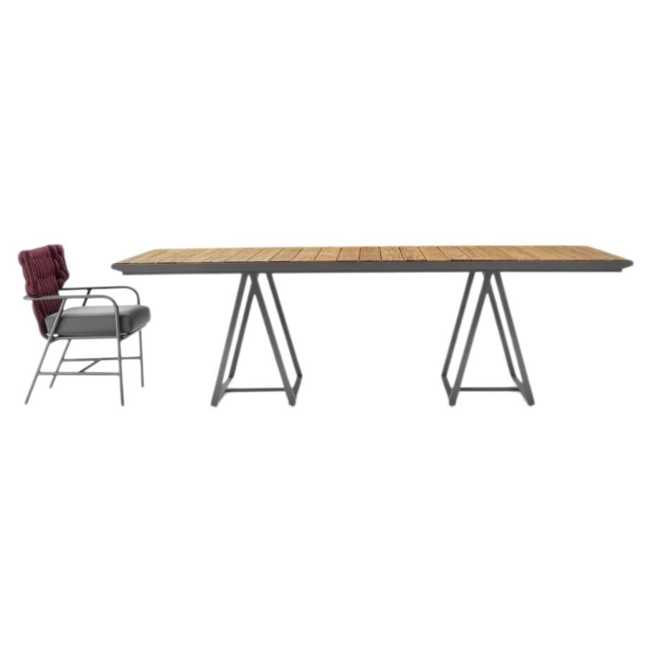 Modern Teak Outdoor Dining Table Large Patio Table Brown Metal Base For Sale
