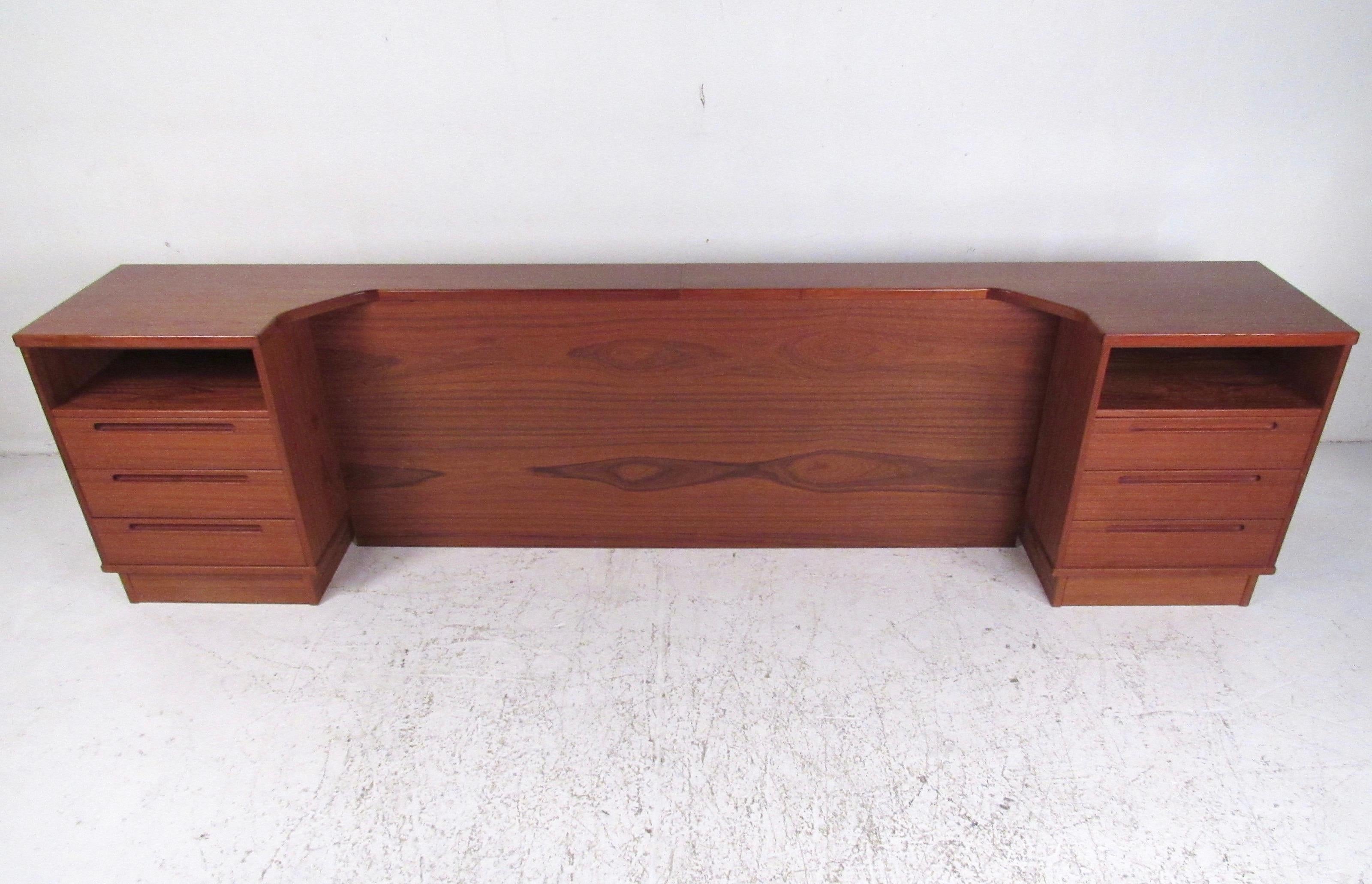 20th Century Modern Teak Queen Size Headboard with Nightstands