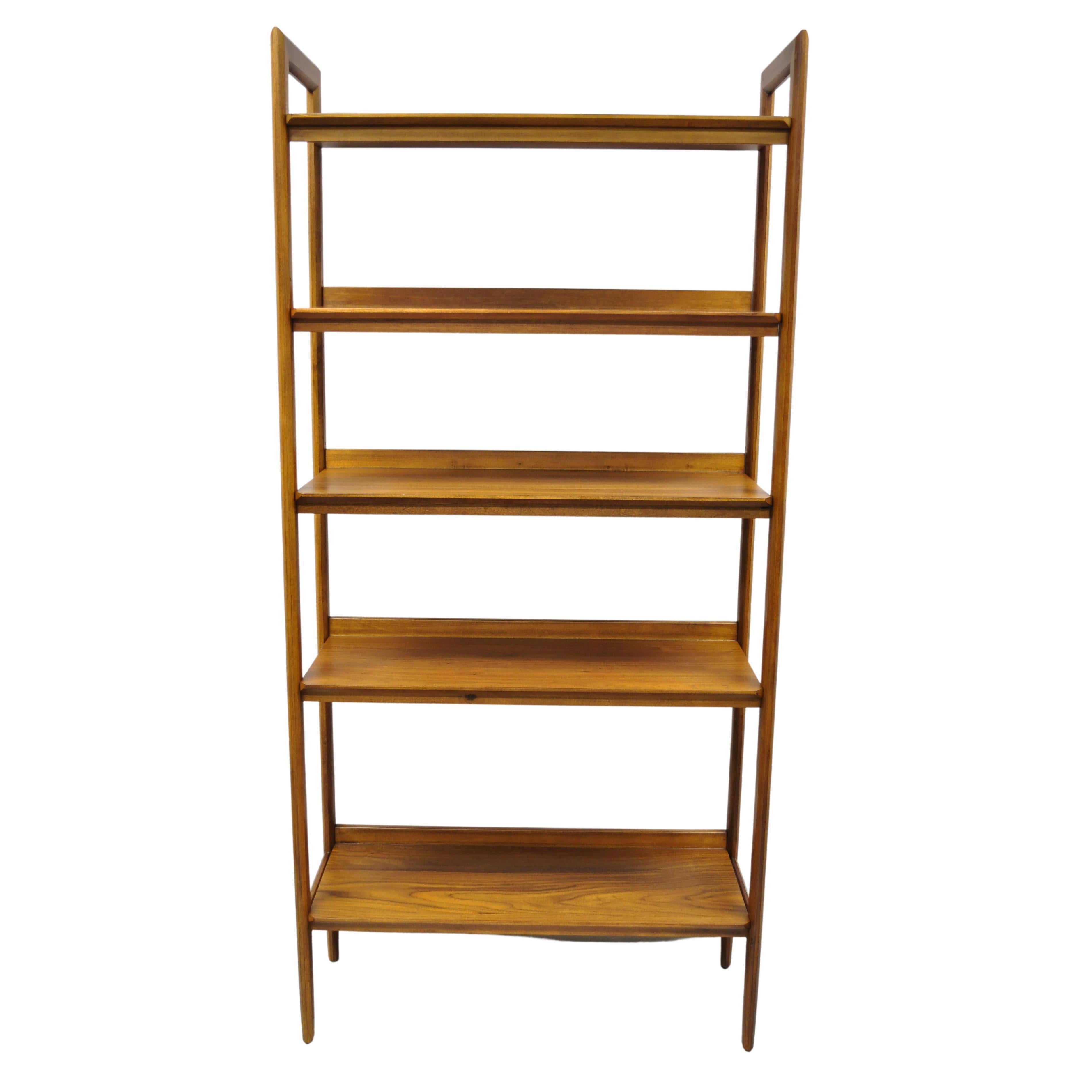 Modern Teak Wood Danish Mid Century Style 5 Shelf Tall Bookcase Stand