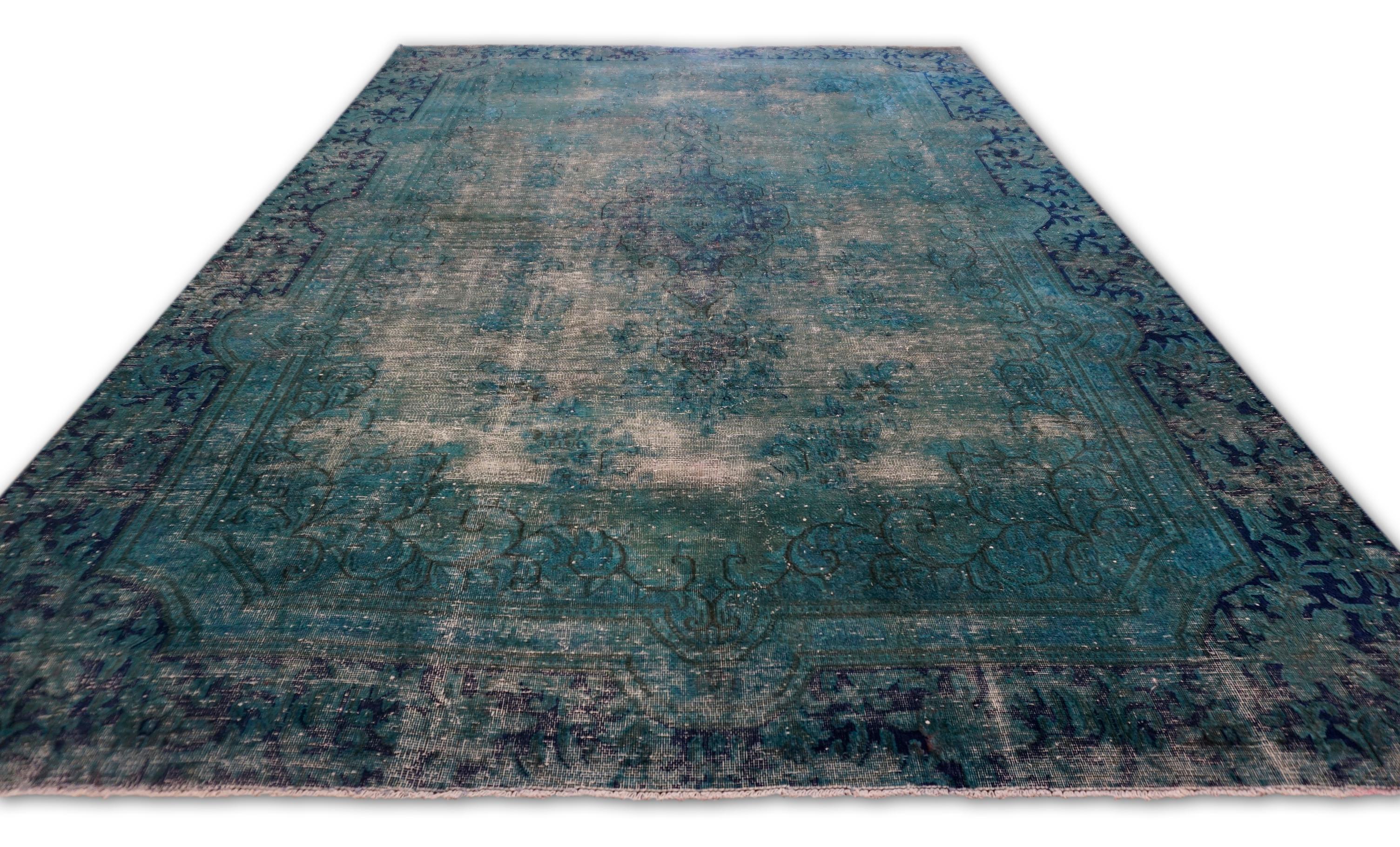 Lana Tappeto moderno in lana sovratinta verde acqua 6'10''x10' in vendita
