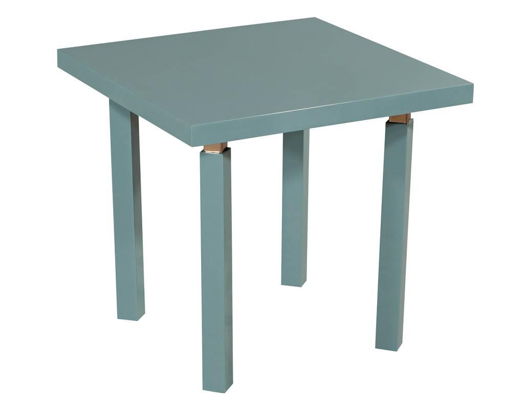 Modern teal and brass end table. Featuring sleek modern styling with Benjamin Moore colour of the year Aegean Teal in a hand polished finish.

Price includes complimentary scheduled curb side delivery service to the continental USA.