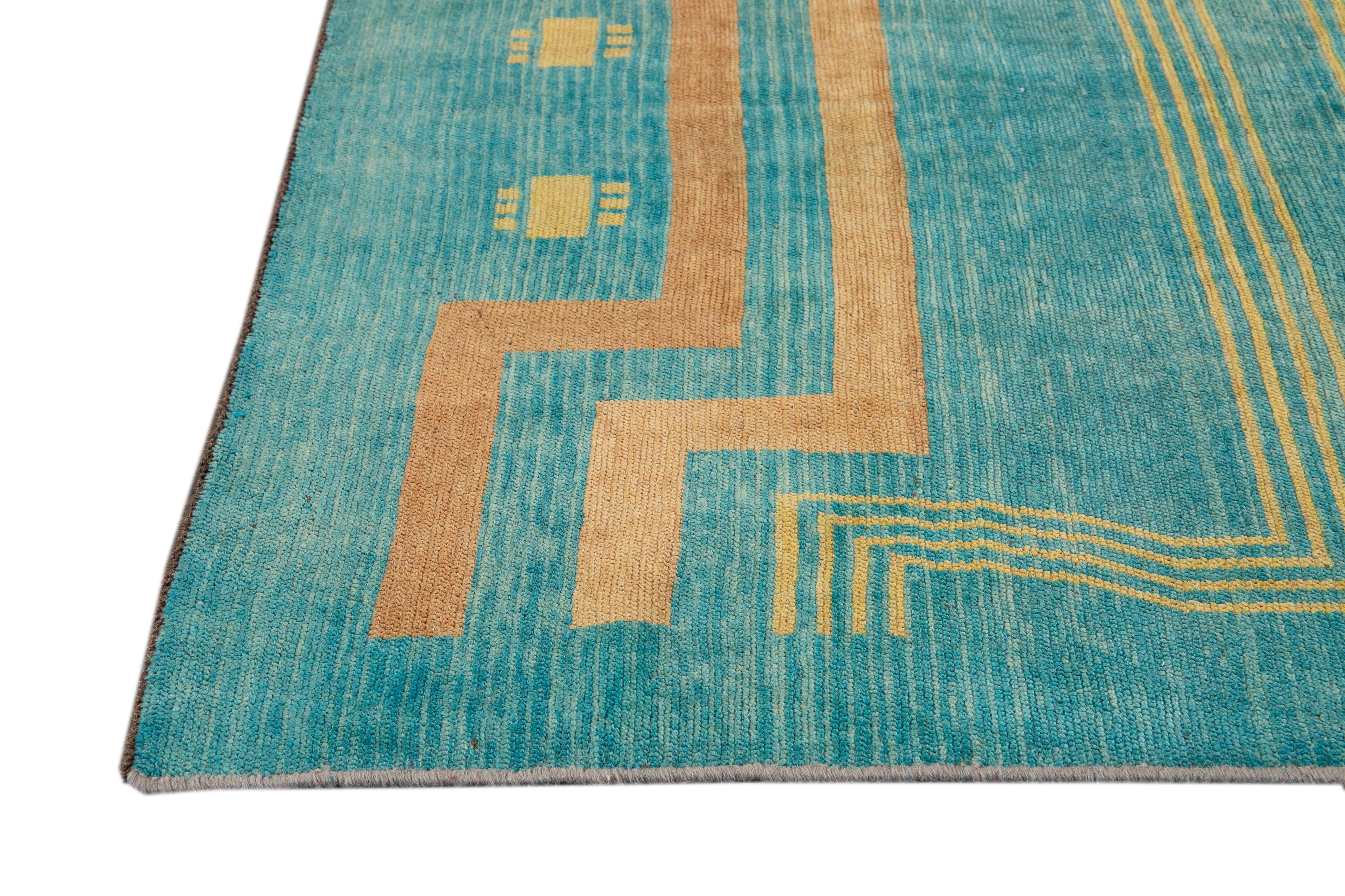 Afghan Tapis carré géométrique en laine moderne de style sarcelle déco fait à la main en vente