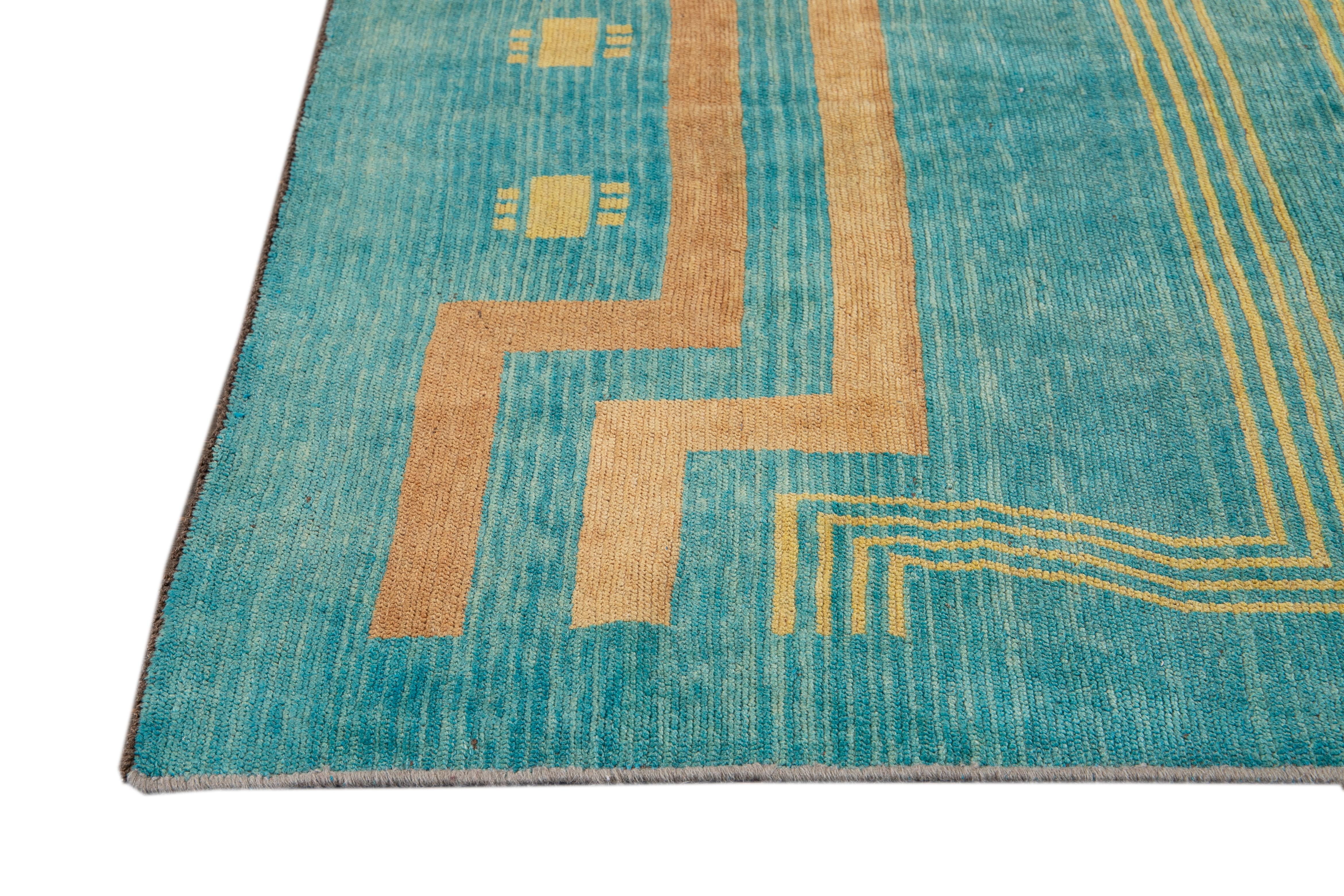 Afghano Tappeto di lana quadrato geometrico fatto a mano in stile Deco Teal moderno in vendita