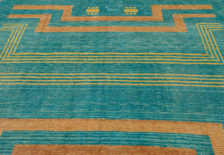 Modern Teal Deco Style Handmade Geometric Square Wool Rug For Sale at ...