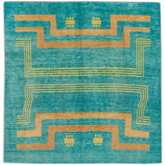 Tappeto di lana quadrato geometrico fatto a mano in stile Deco Teal moderno