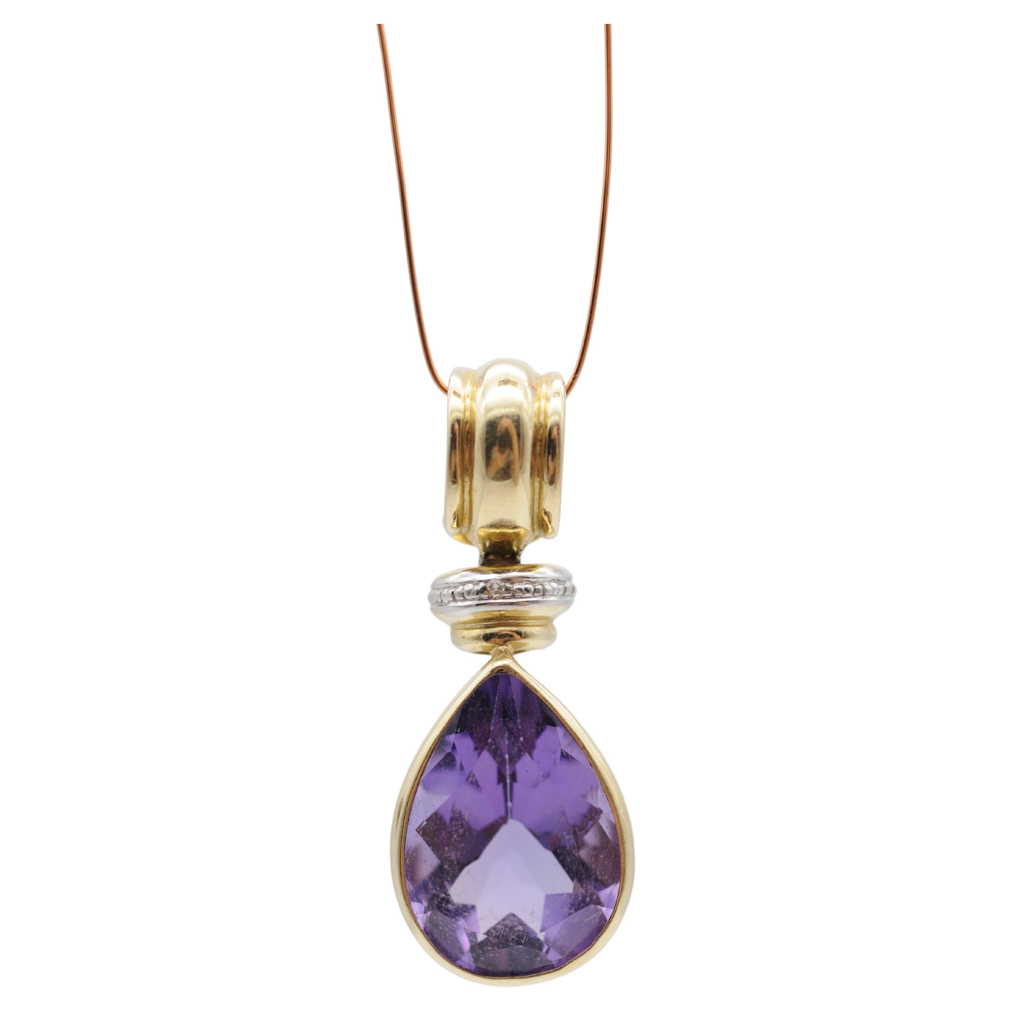 Modern Teardrop Shaped Amethyst Pendant, 14k Yellow Gold For Sale