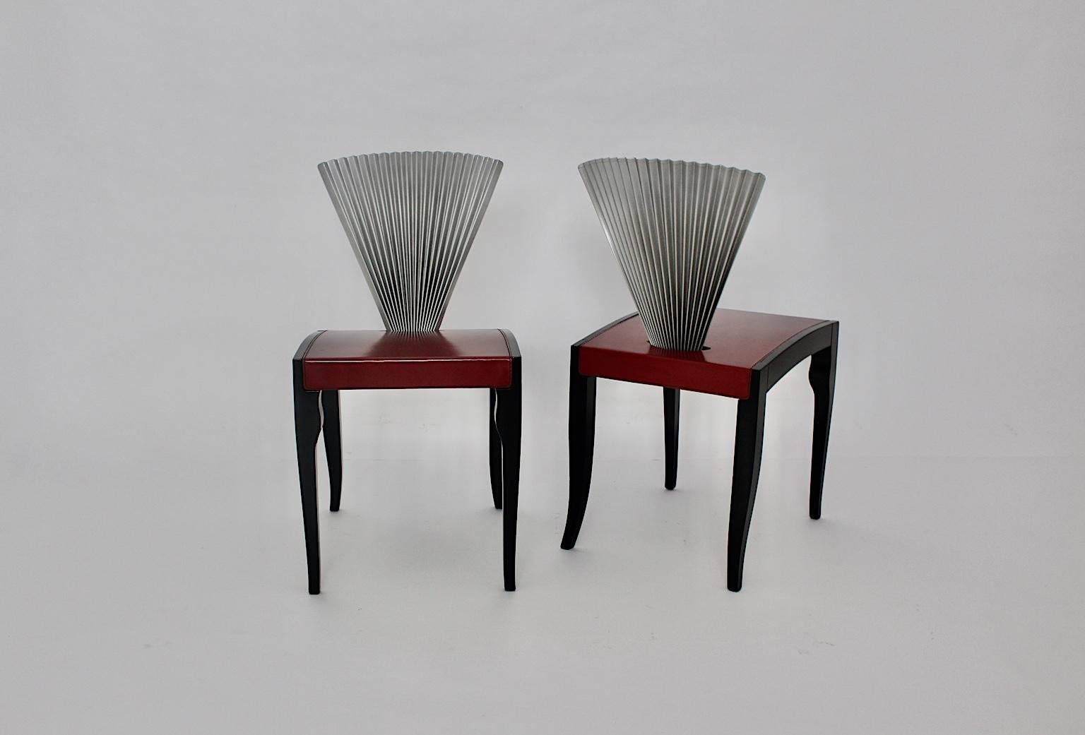  Post Modern Style Ten Beech Leather Red Black Silver Dining Chairs Italy 1980s For Sale 1