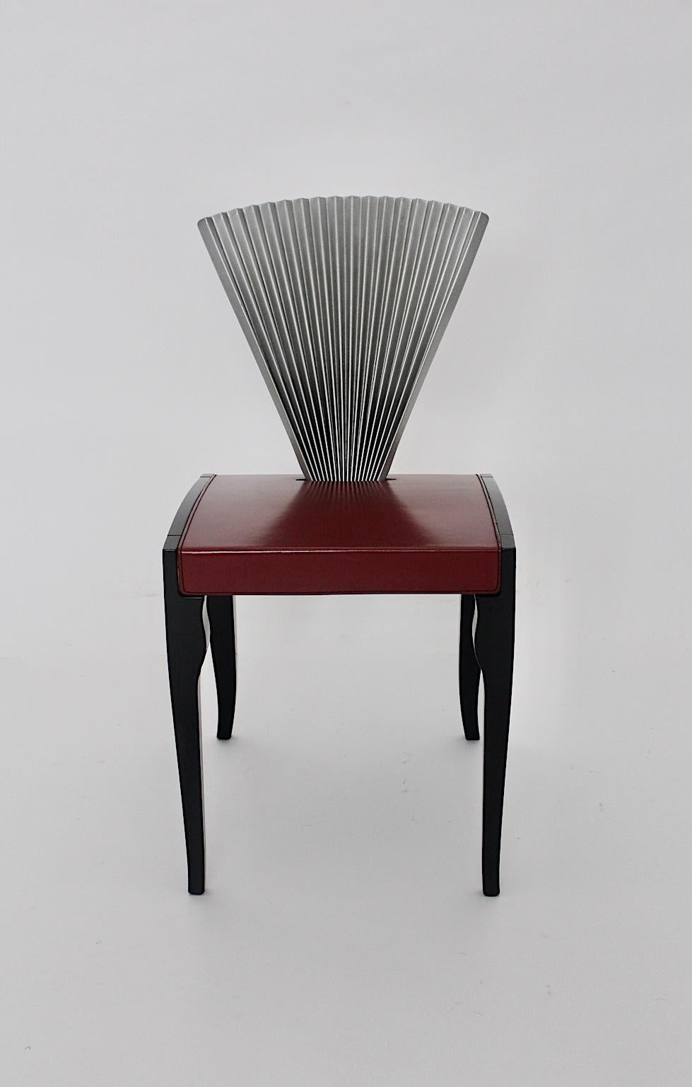 Post Modern Style Ten Leather Burgundy Red Black Silver Dining Chairs 1980 For Sale 1