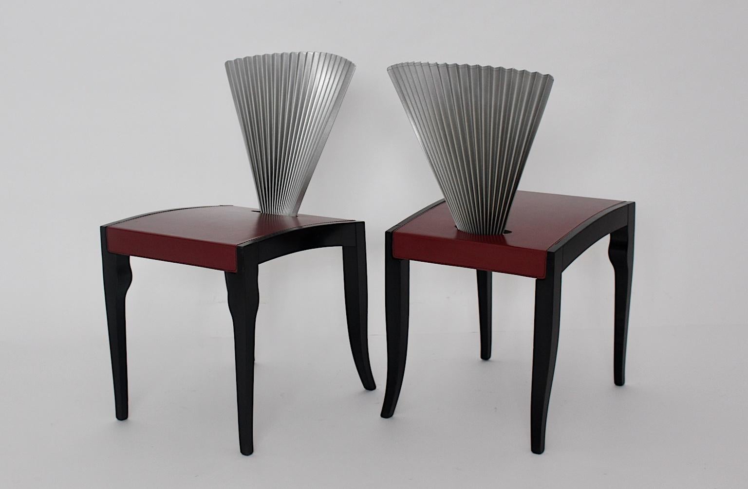 Post Modern Style Ten Leather Burgundy Red Black Silver Dining Chairs 1980 For Sale 3