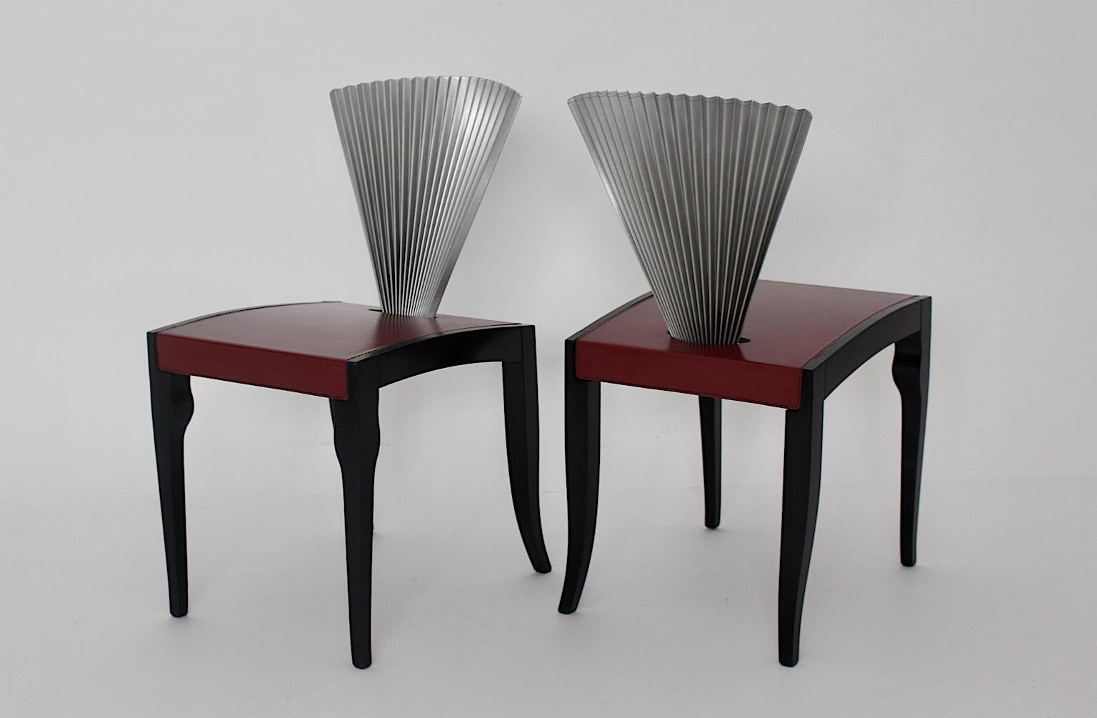  Post Modern Style Ten Beech Leather Red Black Silver Dining Chairs Italy 1980s For Sale 4