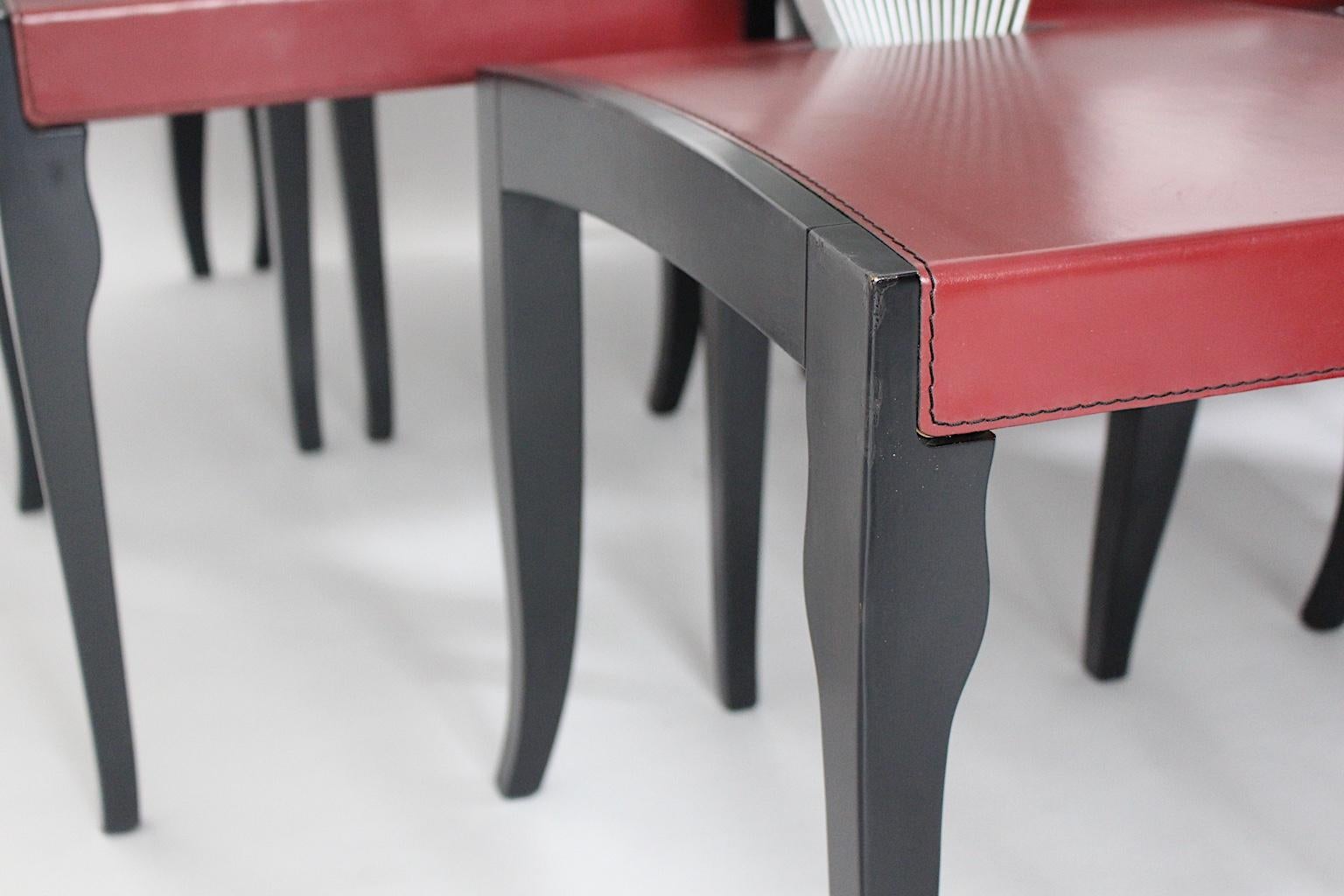 Post Modern Style Ten Leather Burgundy Red Black Silver Dining Chairs 1980 For Sale 4