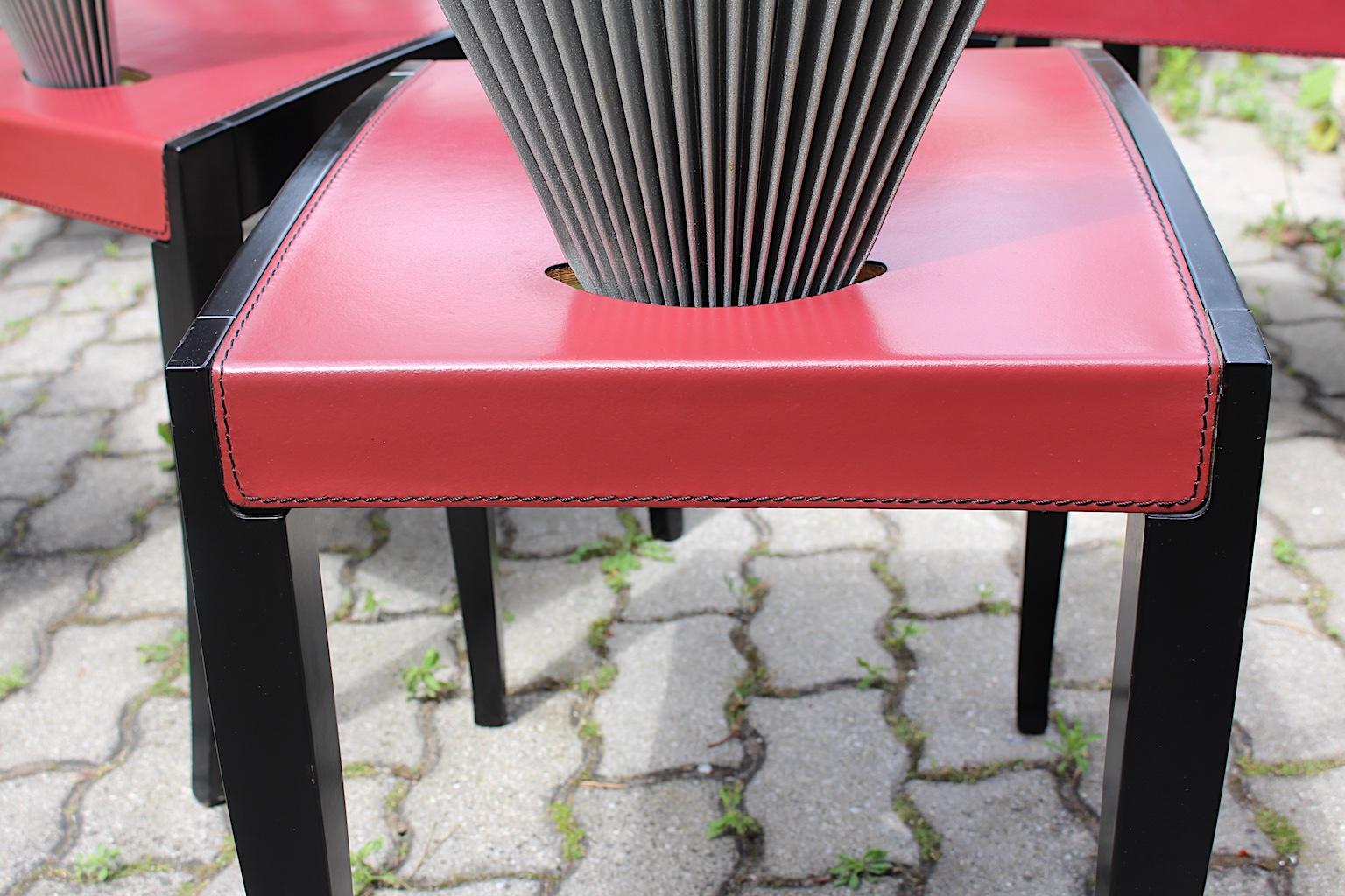  Post Modern Style Ten Beech Leather Red Black Silver Dining Chairs Italy 1980s For Sale 7