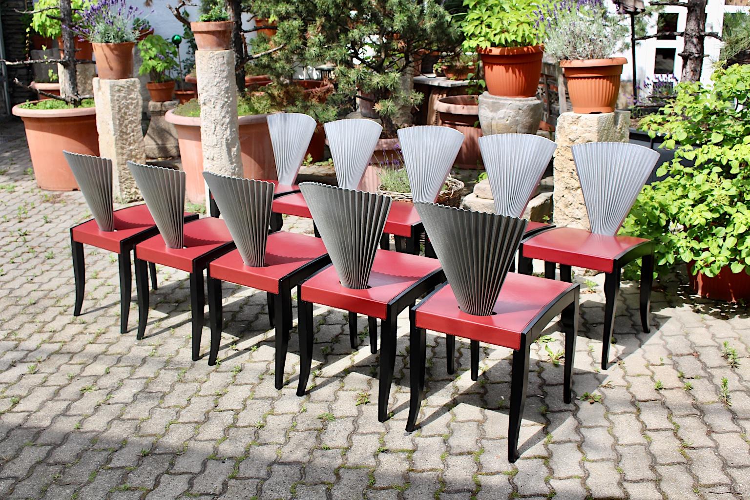 Lacquered  Post Modern Style Ten Beech Leather Red Black Silver Dining Chairs Italy 1980s For Sale