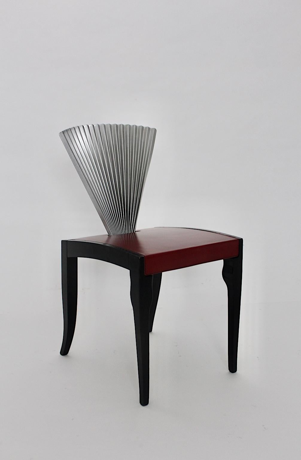  Post Modern Style Ten Beech Leather Red Black Silver Dining Chairs Italy 1980s In Good Condition For Sale In Vienna, AT