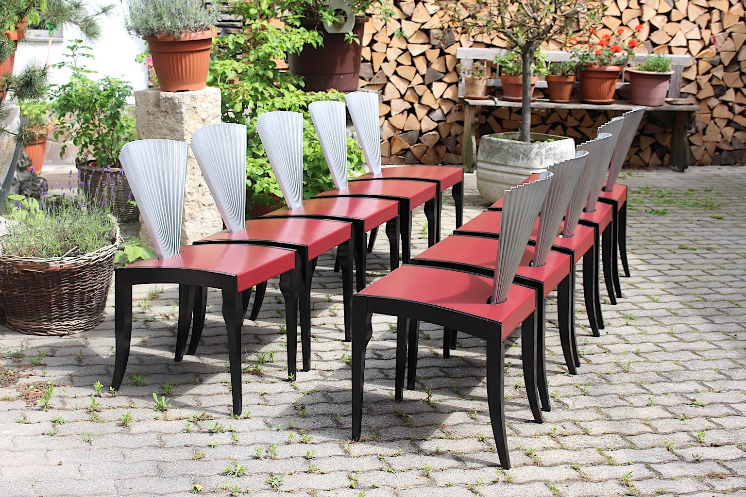 20th Century  Post Modern Style Ten Beech Leather Red Black Silver Dining Chairs Italy 1980s For Sale