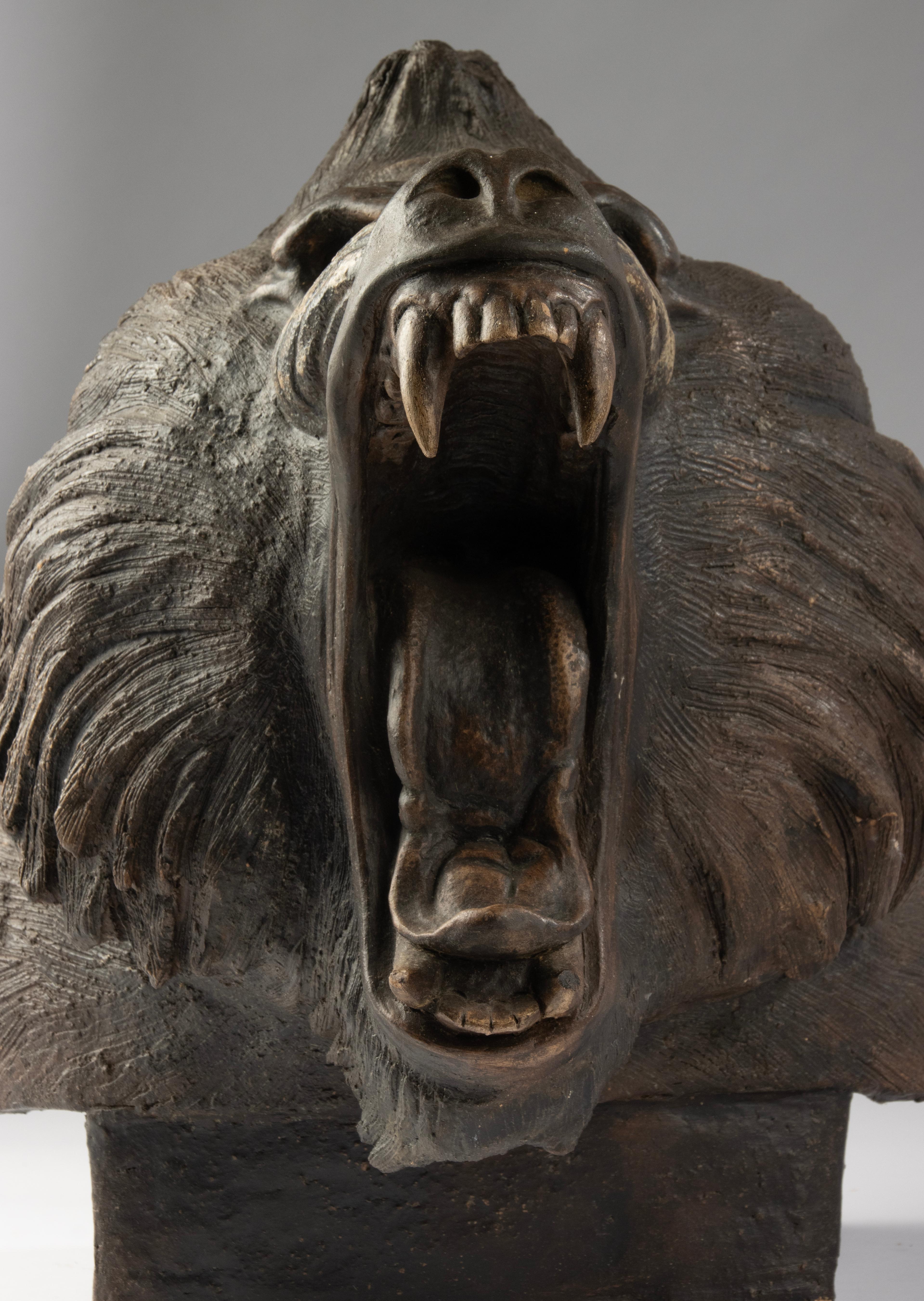 Modern Terracotta Sculpture of a Roaring Baboon – Chen M. For Sale 9