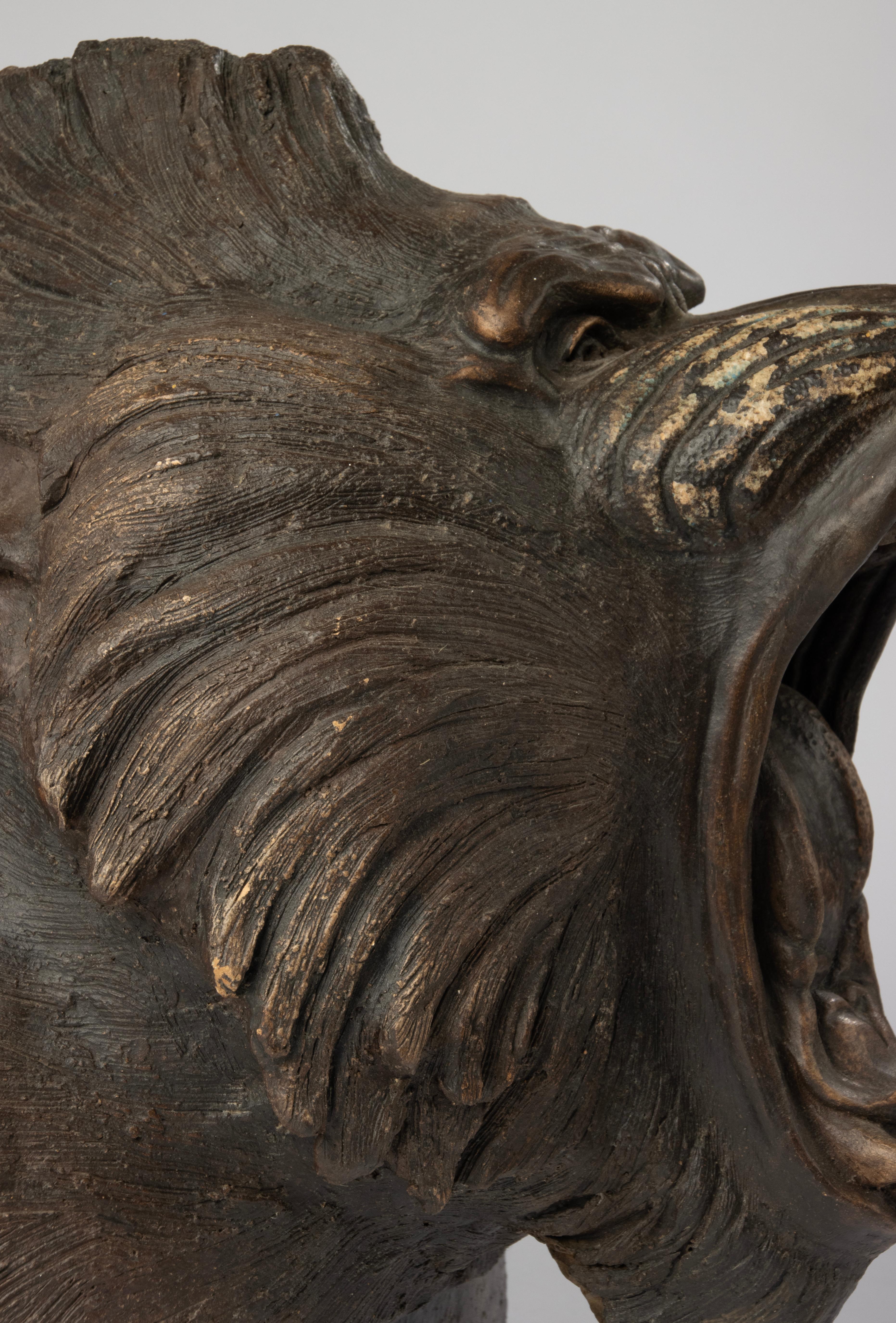 Modern Terracotta Sculpture of a Roaring Baboon – Chen M. For Sale 10