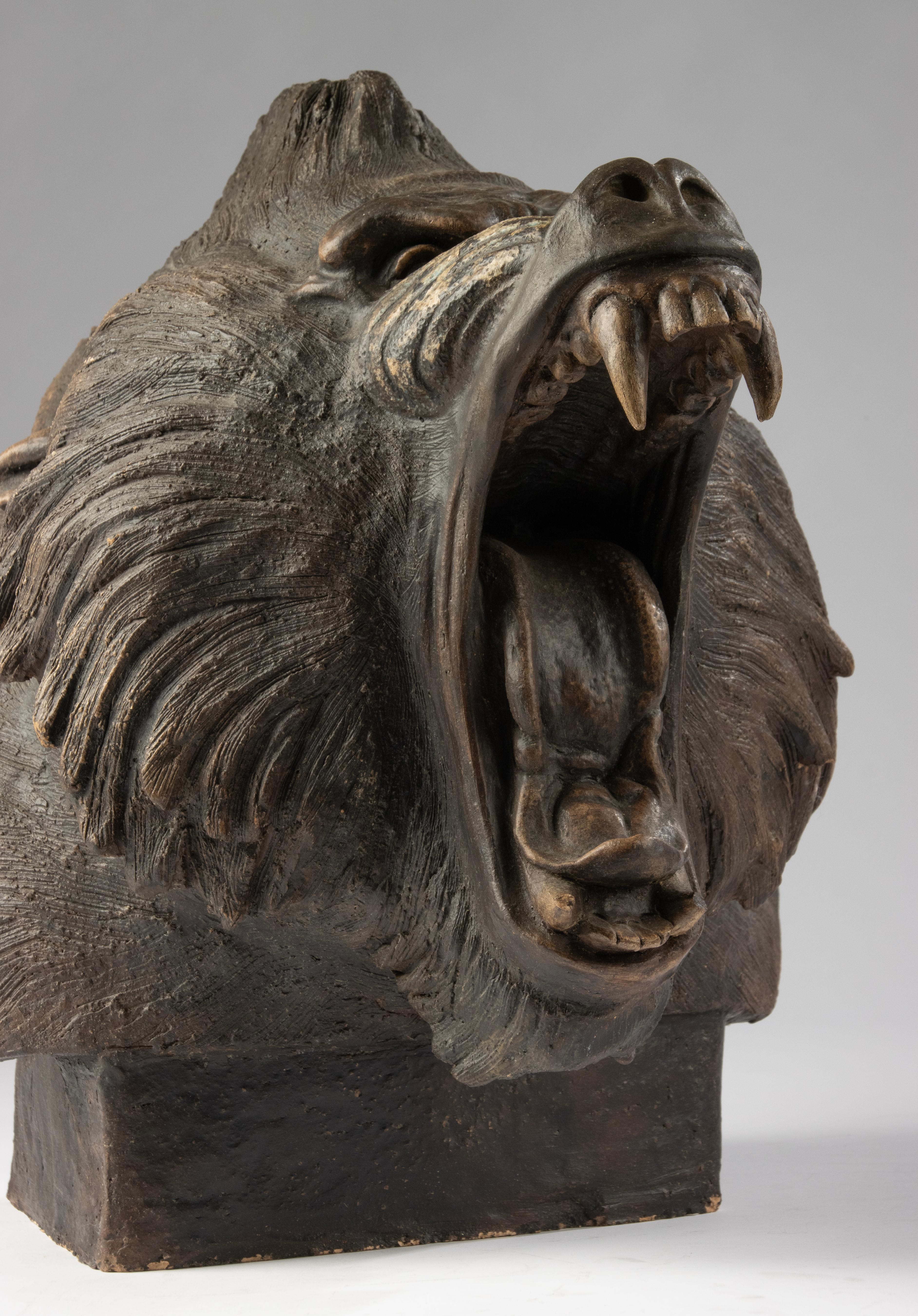 Belgian Modern Terracotta Sculpture of a Roaring Baboon – Chen M. For Sale