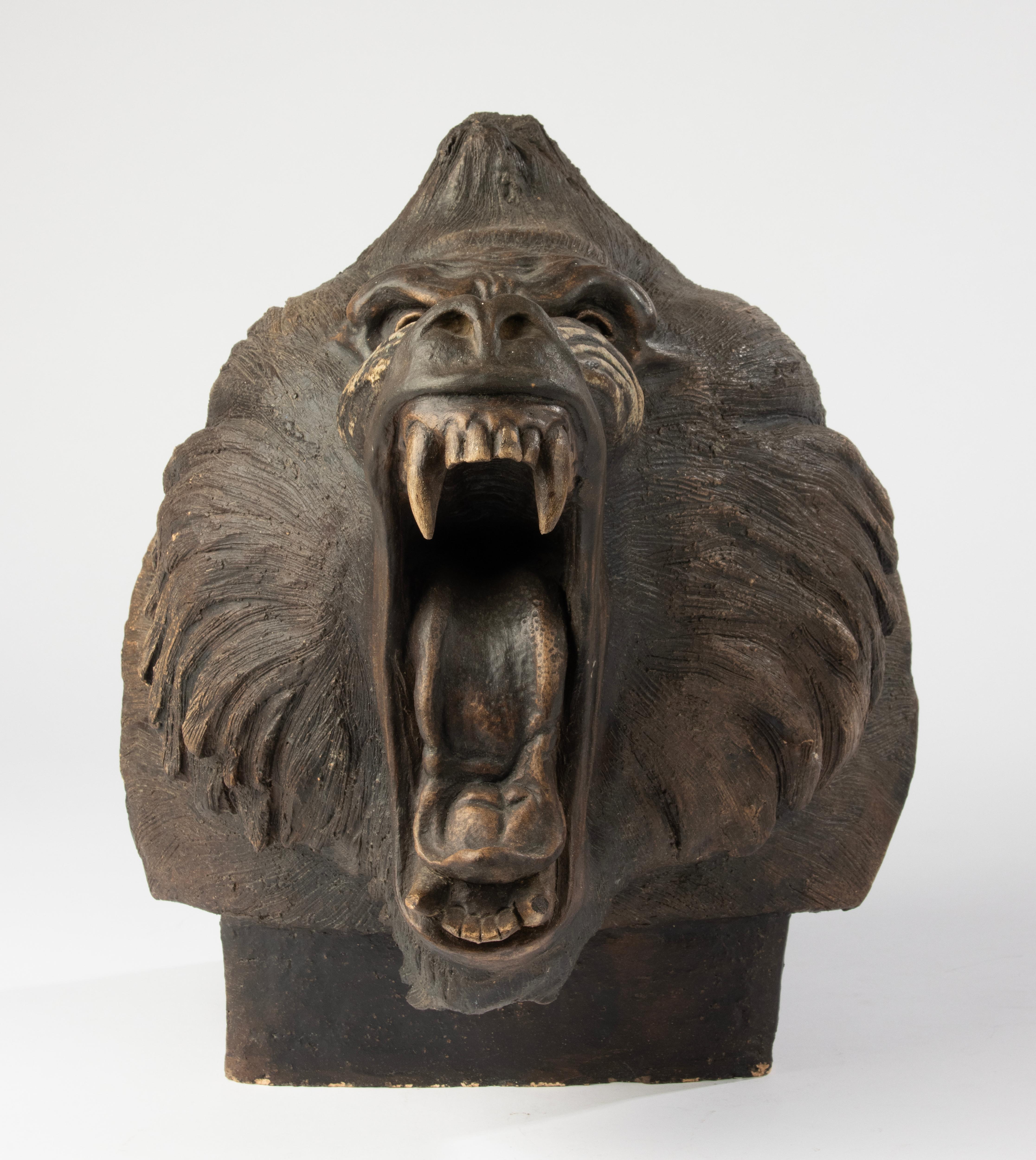 Hand-Crafted Modern Terracotta Sculpture of a Roaring Baboon – Chen M. For Sale