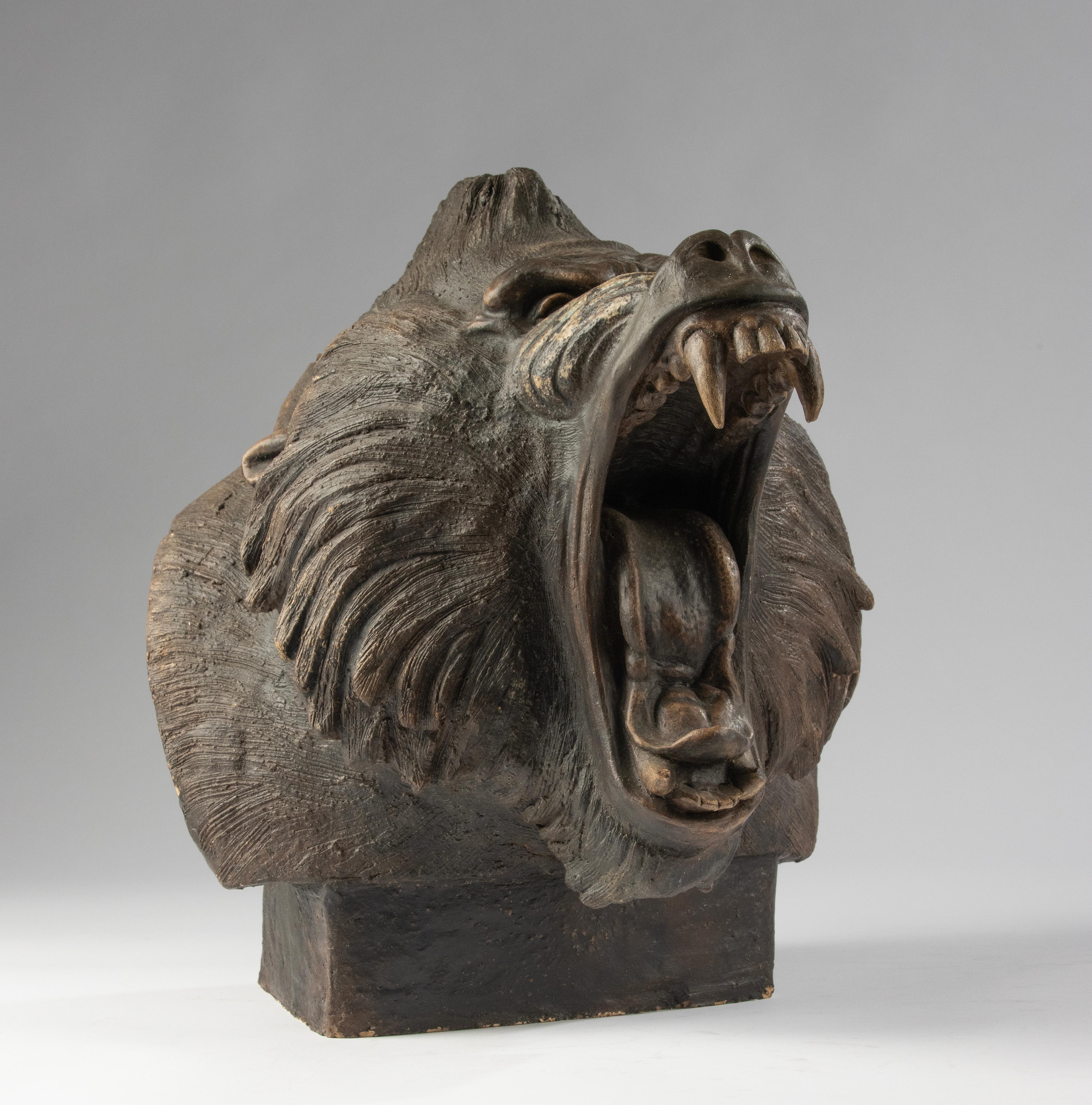 Contemporary Modern Terracotta Sculpture of a Roaring Baboon – Chen M. For Sale